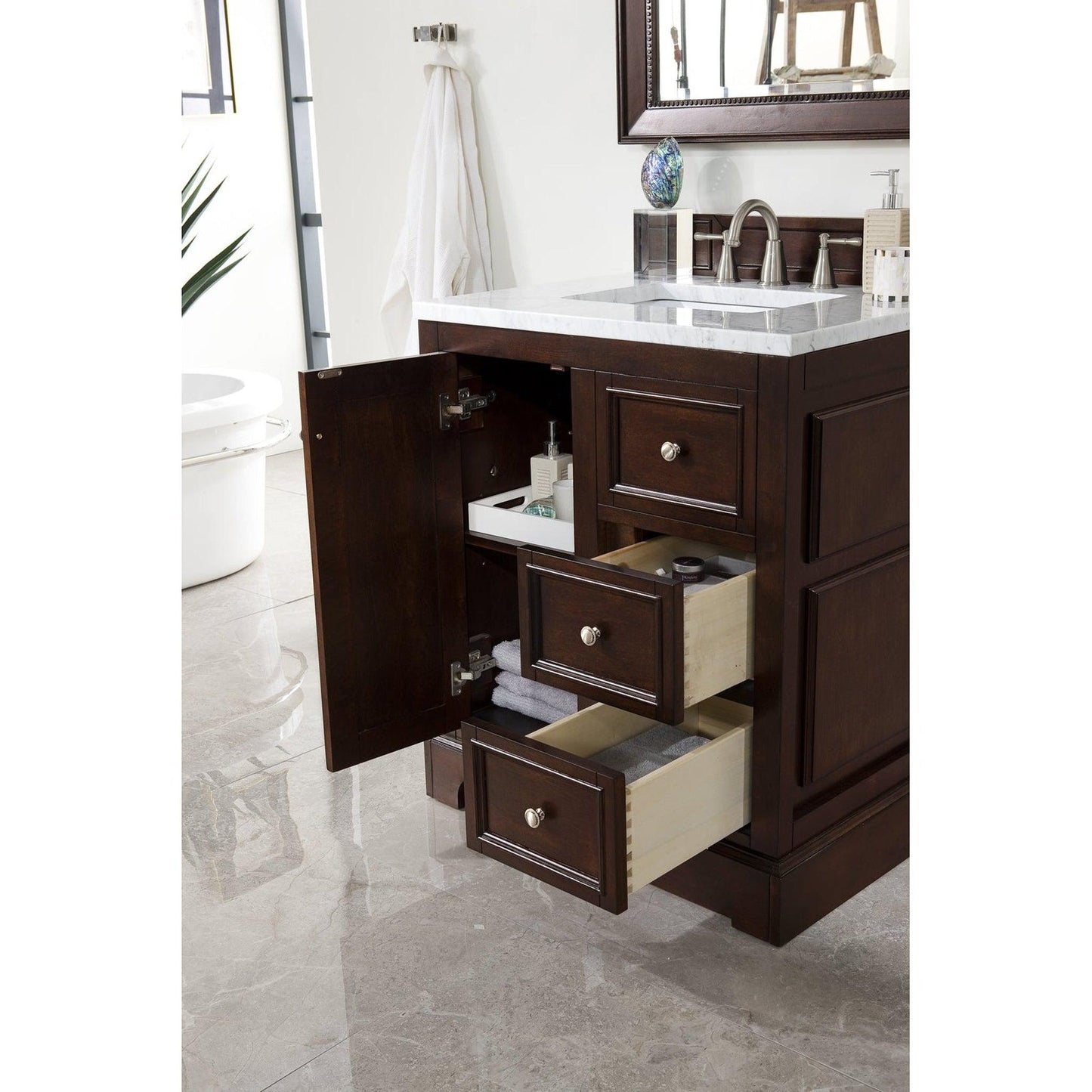 James Martin Vanities De Soto 30" Burnished Mahogany Single Vanity With 3cm Carrara Marble Top