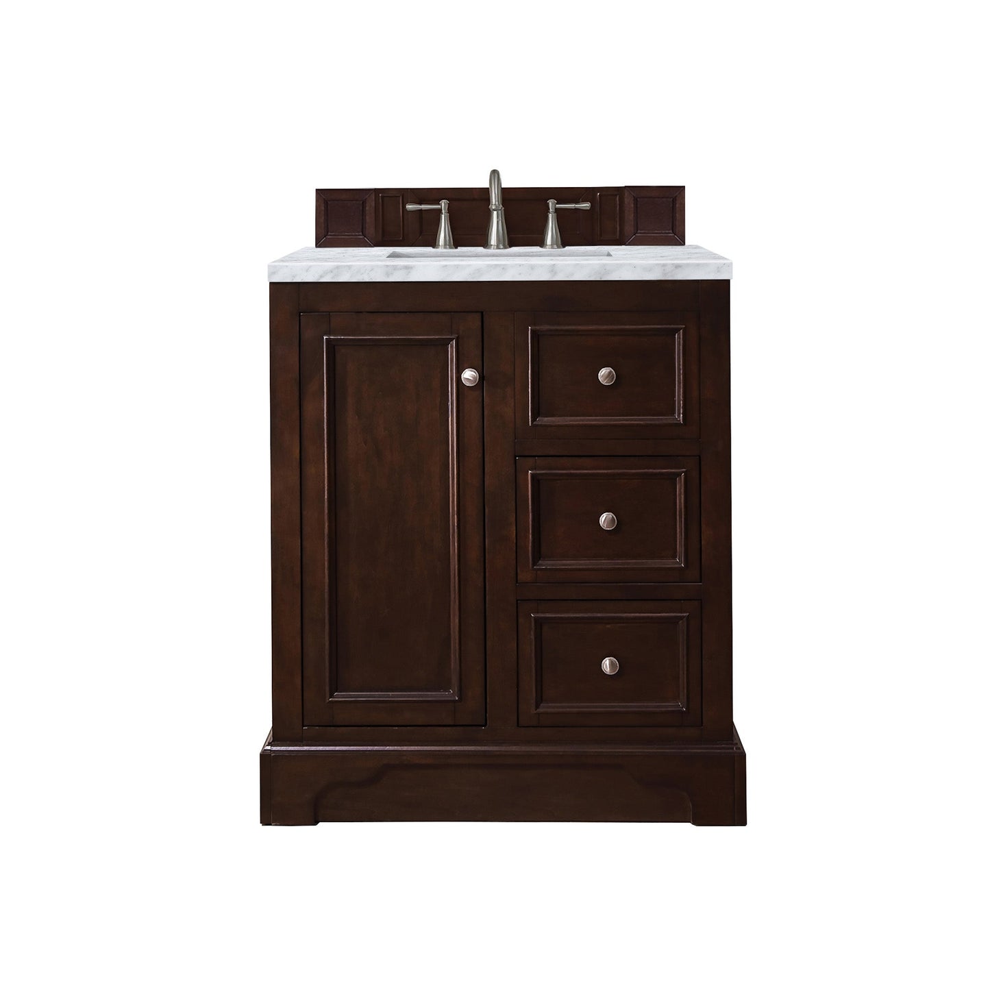 James Martin Vanities De Soto 30" Burnished Mahogany Single Vanity With 3cm Carrara Marble Top