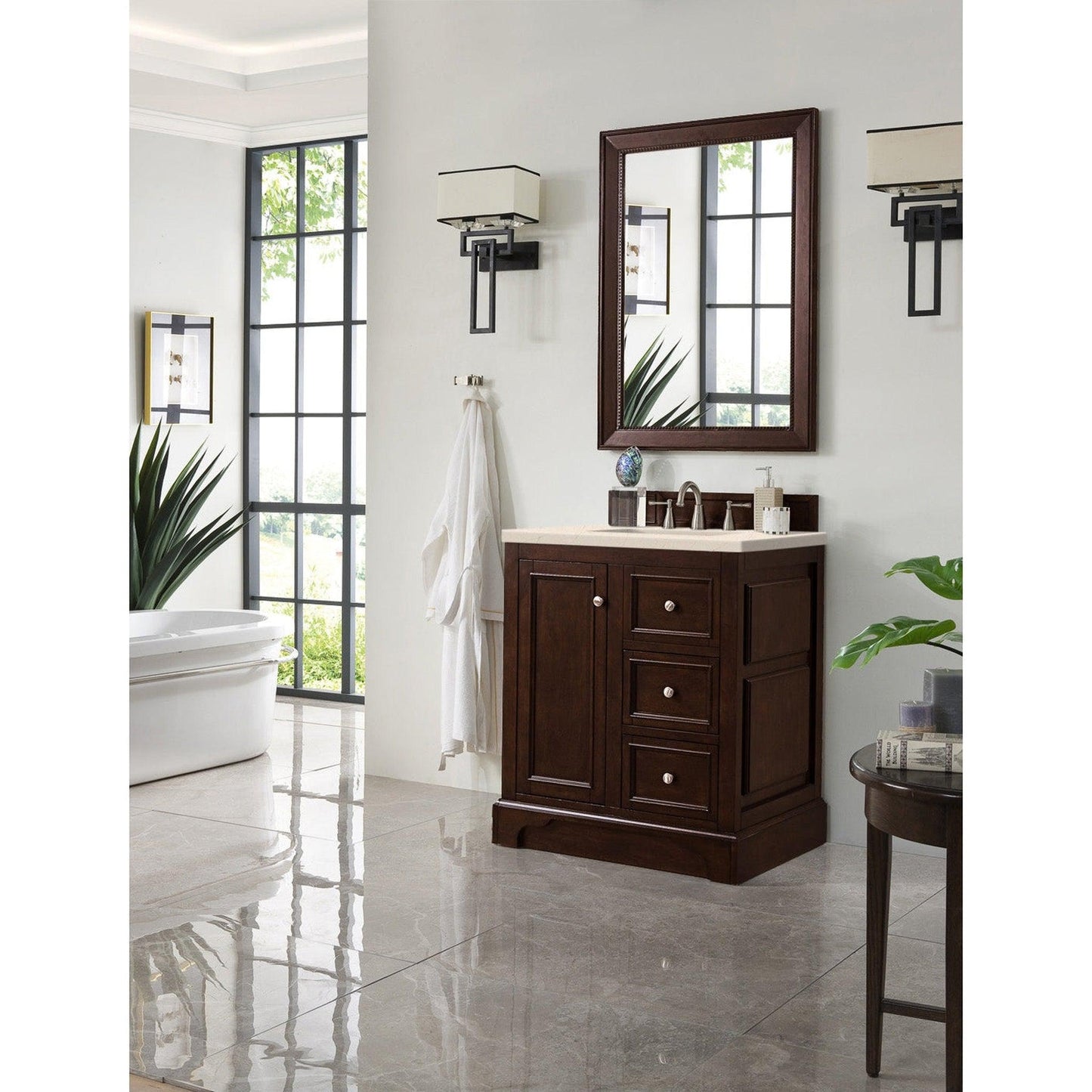 James Martin Vanities De Soto 30" Burnished Mahogany Single Vanity With 3cm Eternal Marfil Quartz Top