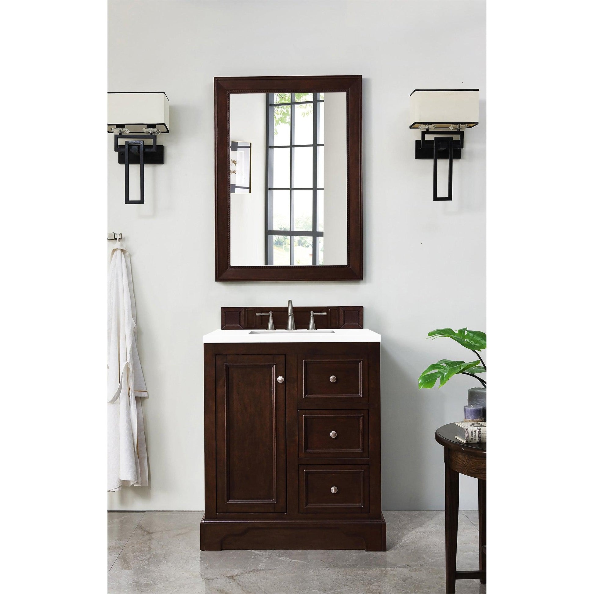 James Martin Vanities De Soto 30" Burnished Mahogany Single Vanity With 3cm White Zeus Quartz Top