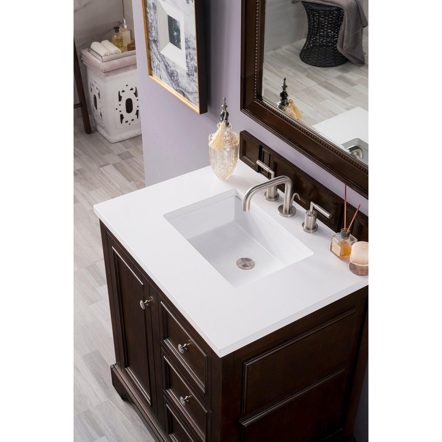 James Martin Vanities De Soto 30" Burnished Mahogany Single Vanity With 3cm White Zeus Quartz Top