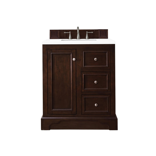 James Martin Vanities De Soto 30" Burnished Mahogany Single Vanity With 3cm White Zeus Quartz Top