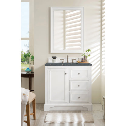 James Martin Vanities De Soto 36" Bright White Single Vanity With 3 cm Parisien Bleu Quartz Top