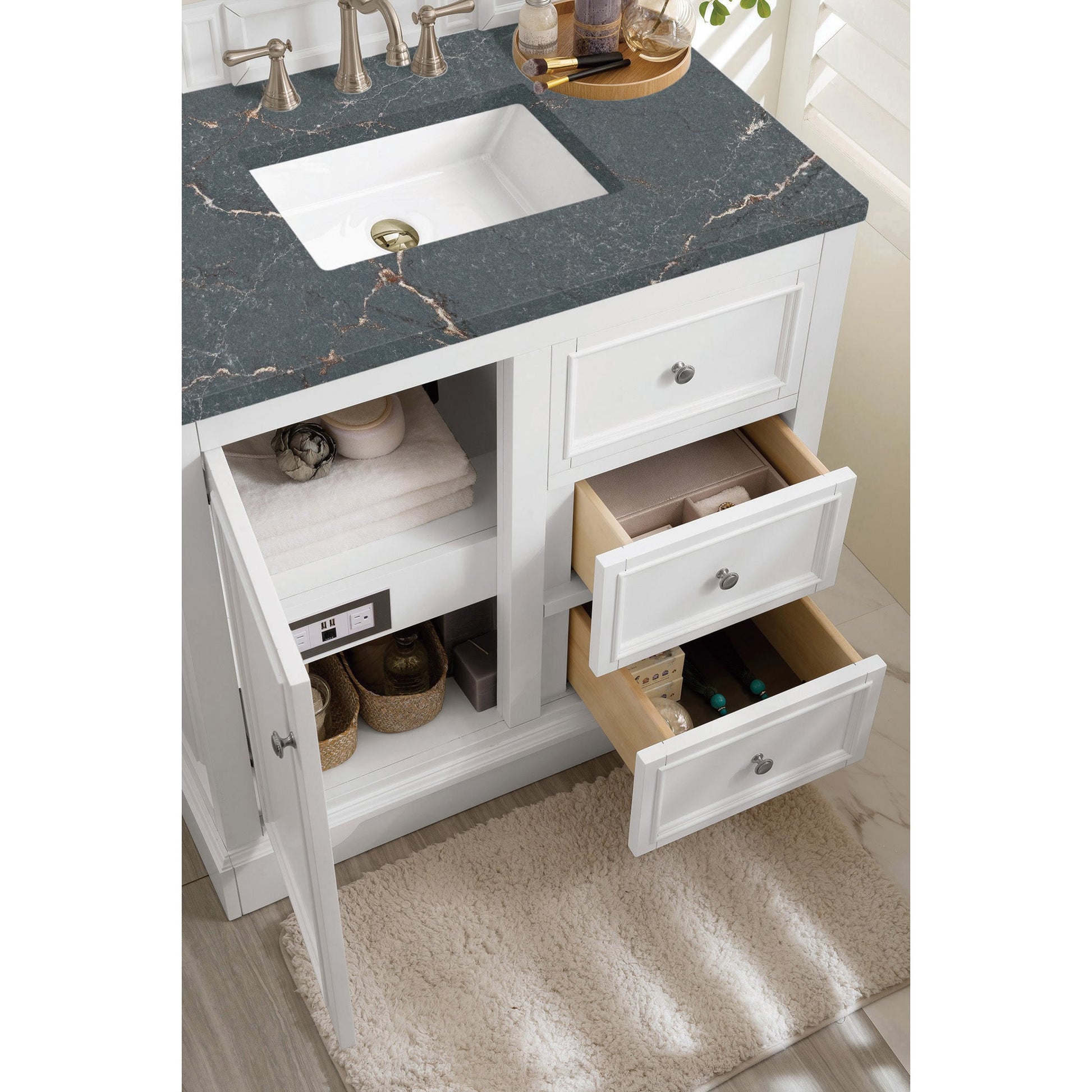 James Martin Vanities De Soto 36" Bright White Single Vanity With 3 cm Parisien Bleu Quartz Top