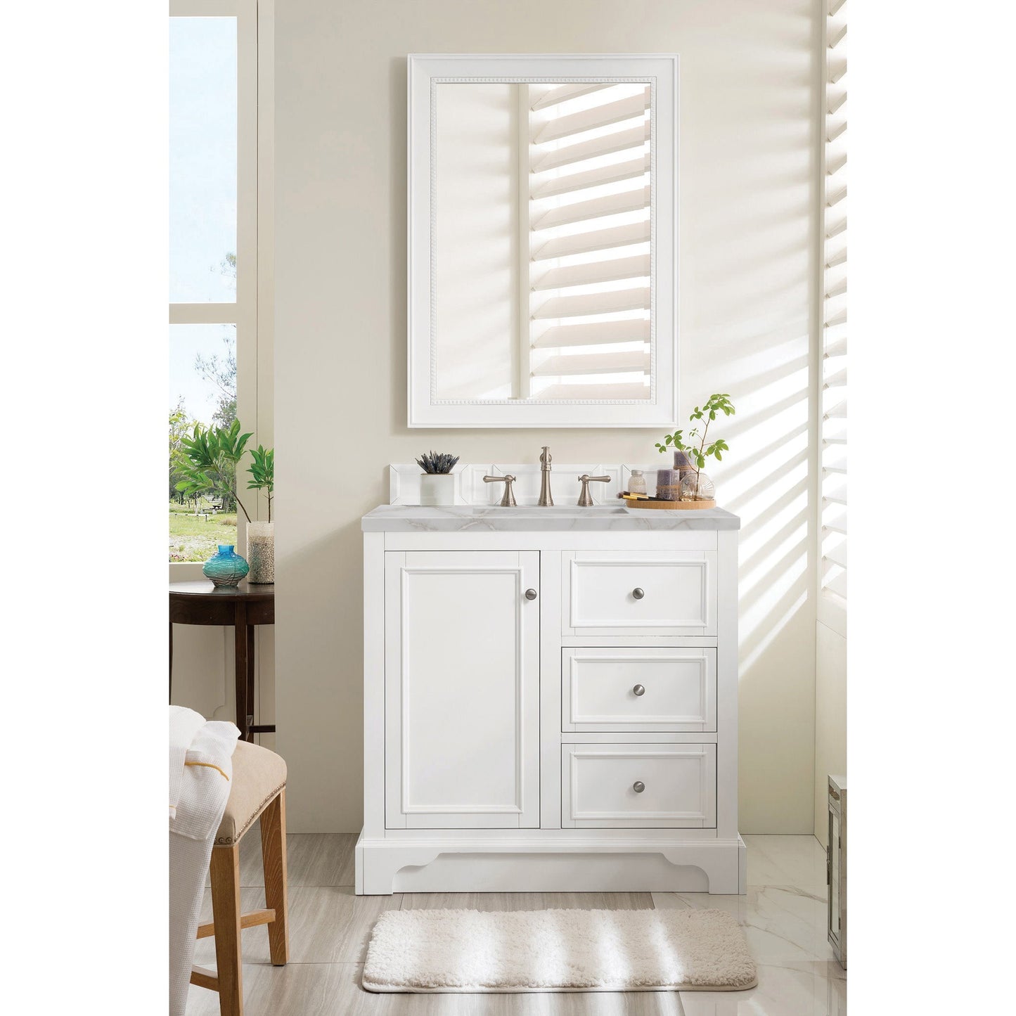 James Martin Vanities De Soto 36" Bright White Single Vanity With 3 cm Victorian Silver Quartz Top