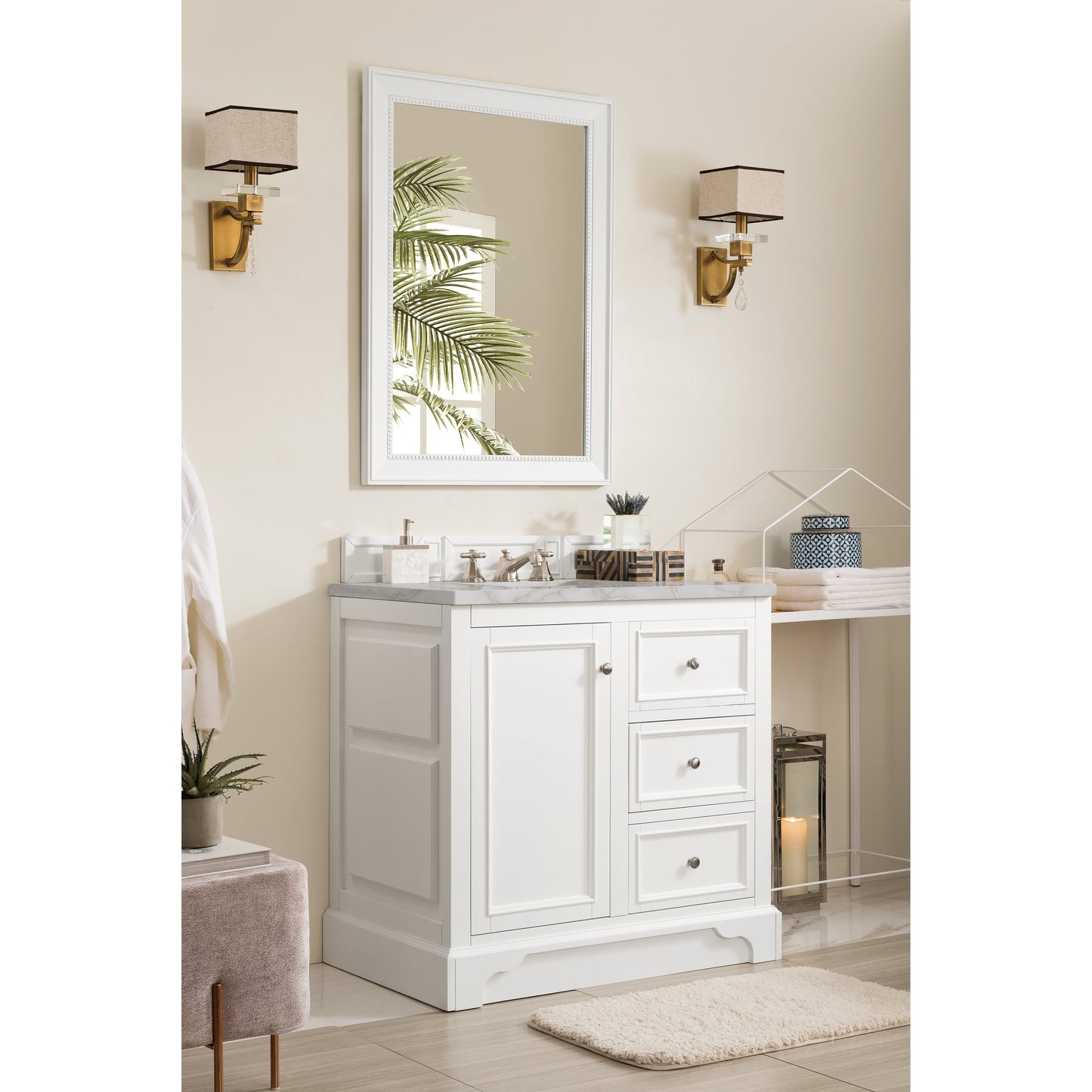 James Martin Vanities De Soto 36" Bright White Single Vanity With 3 cm Victorian Silver Quartz Top