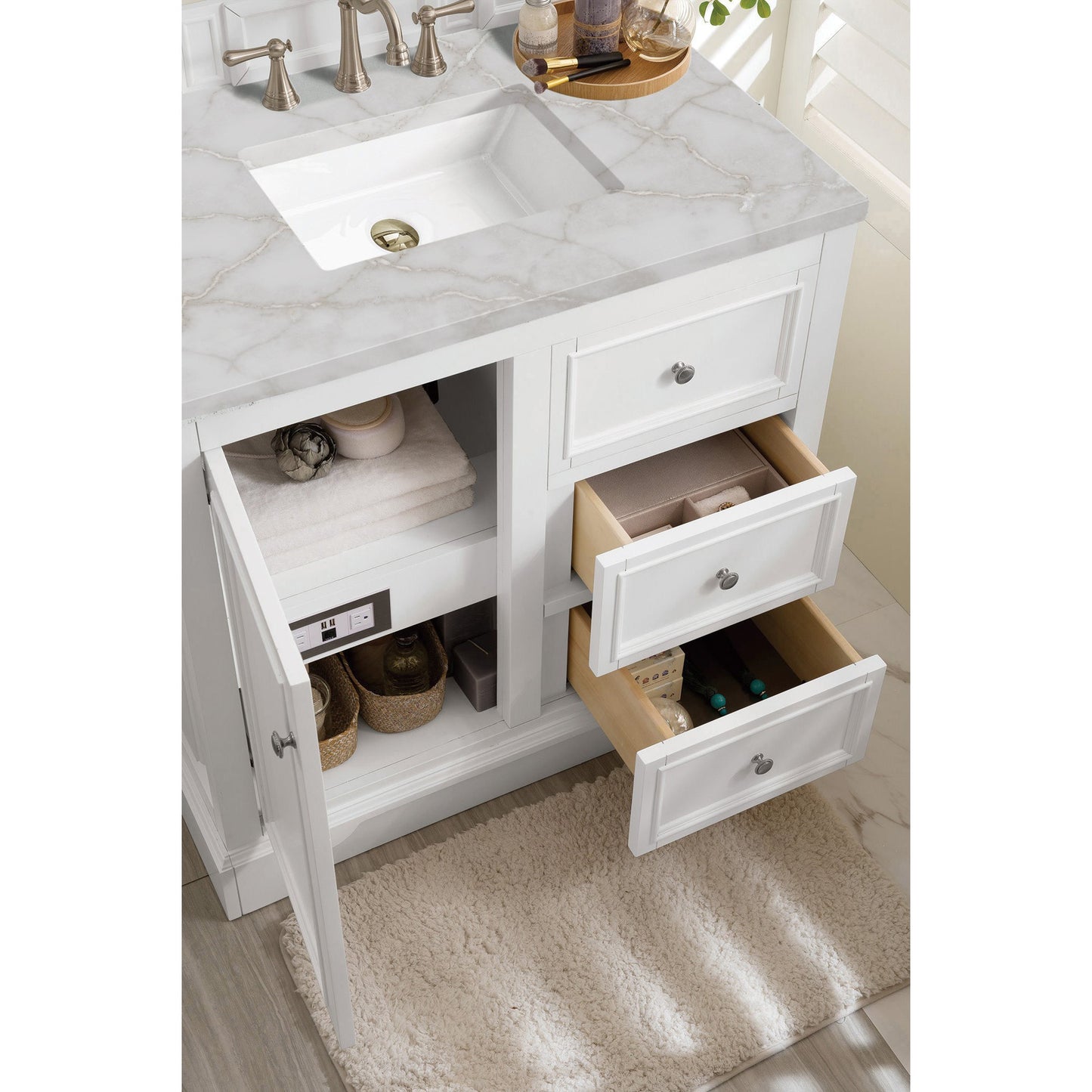 James Martin Vanities De Soto 36" Bright White Single Vanity With 3 cm Victorian Silver Quartz Top