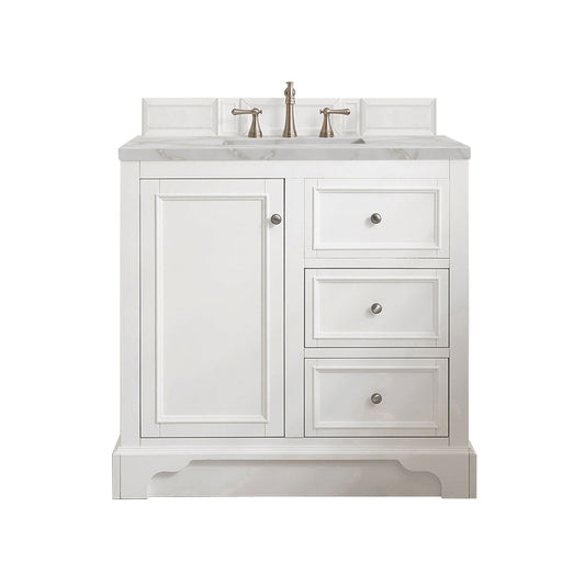 James Martin Vanities De Soto 36" Bright White Single Vanity With 3 cm Victorian Silver Quartz Top