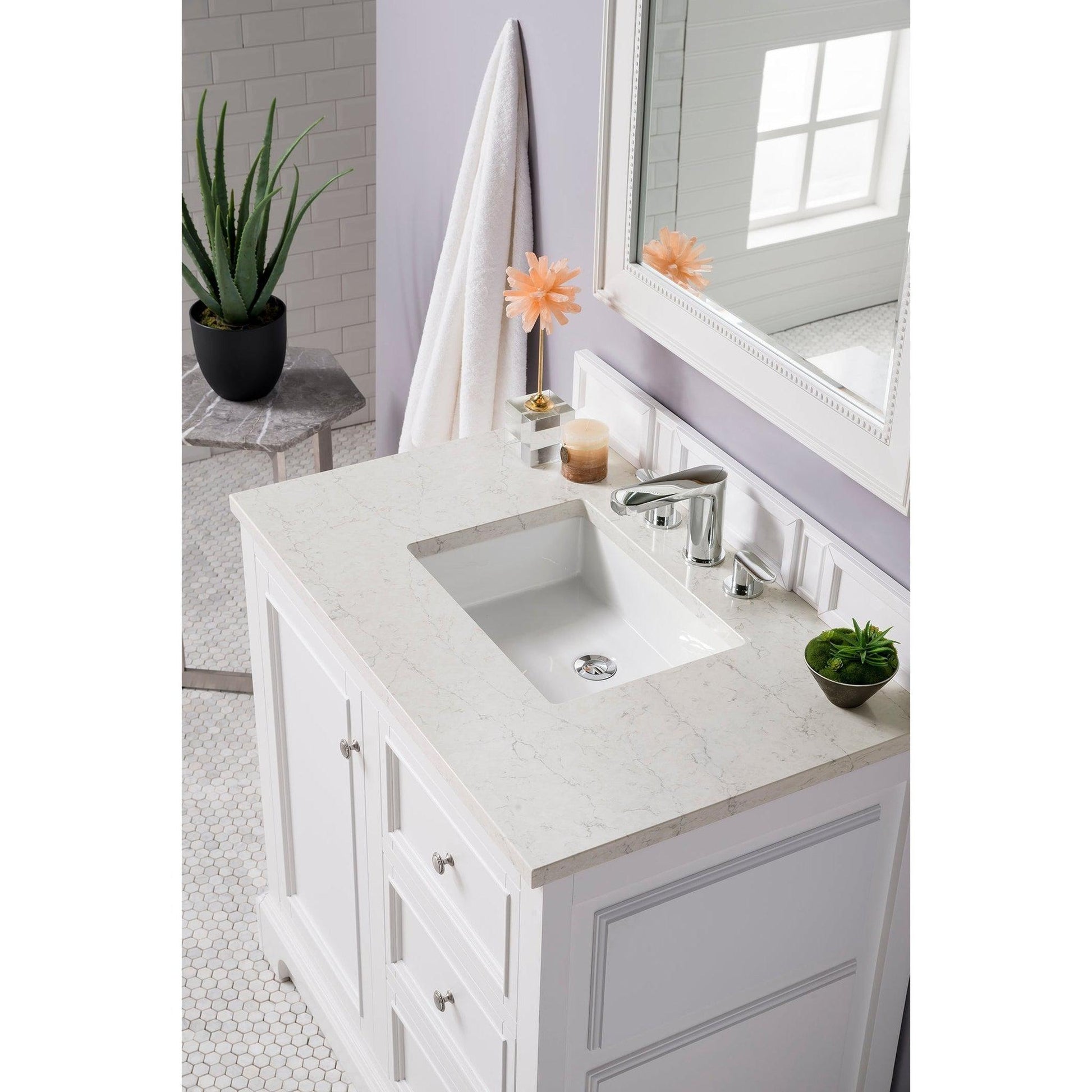 James Martin Vanities De Soto 36" Bright White Single Vanity With 3cm Eternal Jasmine Pearl Quartz Top