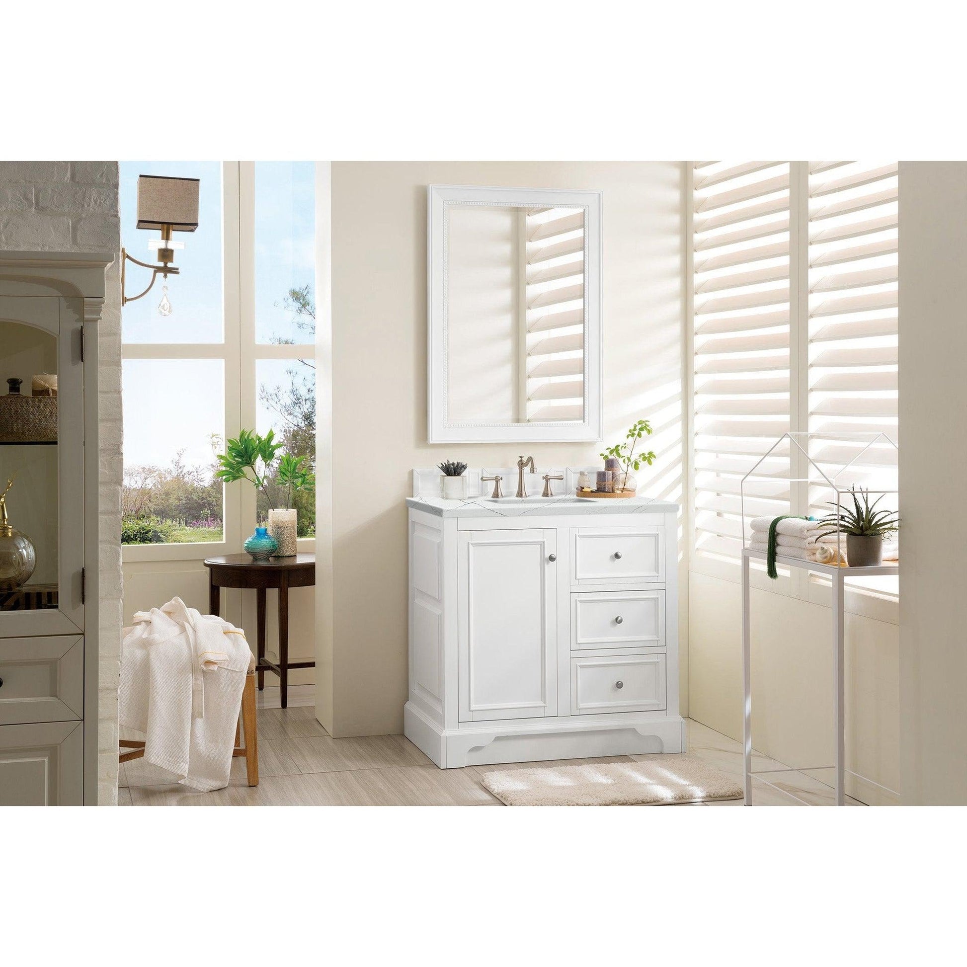 James Martin Vanities De Soto 36" Bright White Single Vanity With 3cm Ethereal Noctis Quartz Top