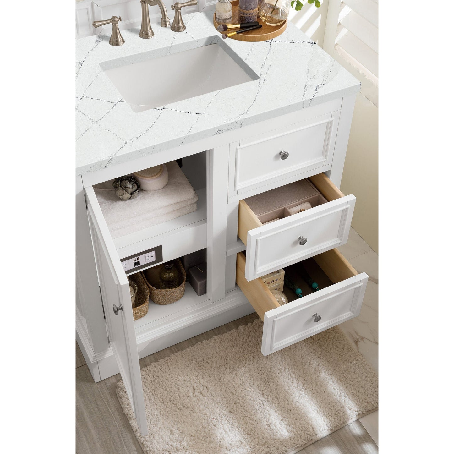 James Martin Vanities De Soto 36" Bright White Single Vanity With 3cm Ethereal Noctis Quartz Top