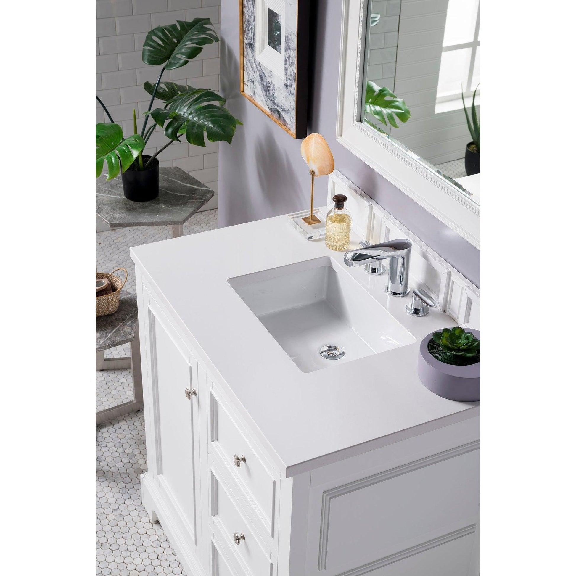 James Martin Vanities De Soto 36" Bright White Single Vanity With 3cm White Zeus Quartz Top