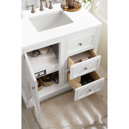 James Martin Vanities De Soto 36" Bright White Single Vanity With 3cm White Zeus Quartz Top