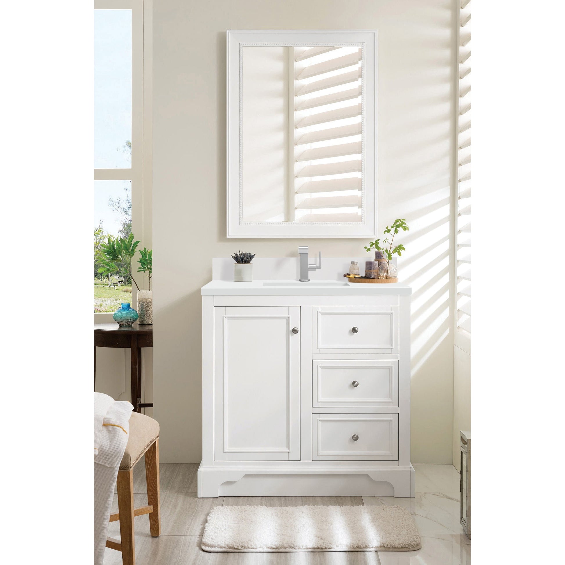 James Martin Vanities De Soto 36" Bright White Single Vanity With Single Hole 3 cm White Zeus Quartz Top & Backsplash