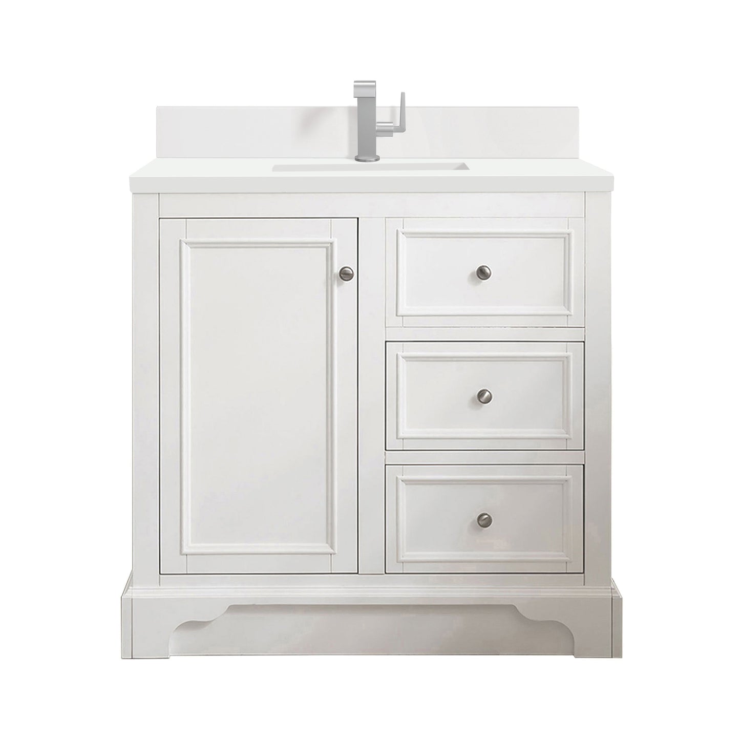 James Martin Vanities De Soto 36" Bright White Single Vanity With Single Hole 3 cm White Zeus Quartz Top & Backsplash