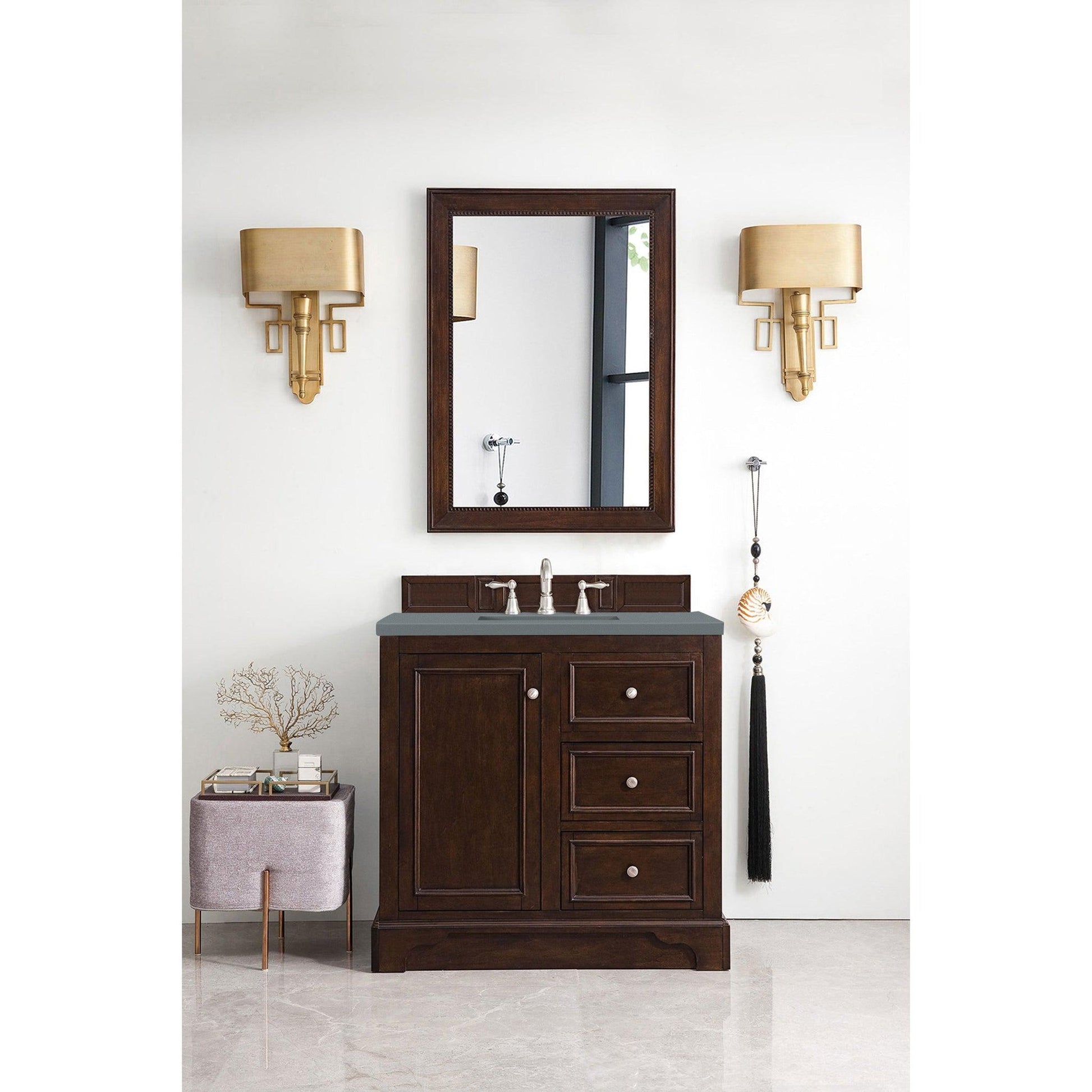 James Martin Vanities De Soto 36" Burnished Mahogany Single Vanity With 3cm Cala Blue Quartz Top