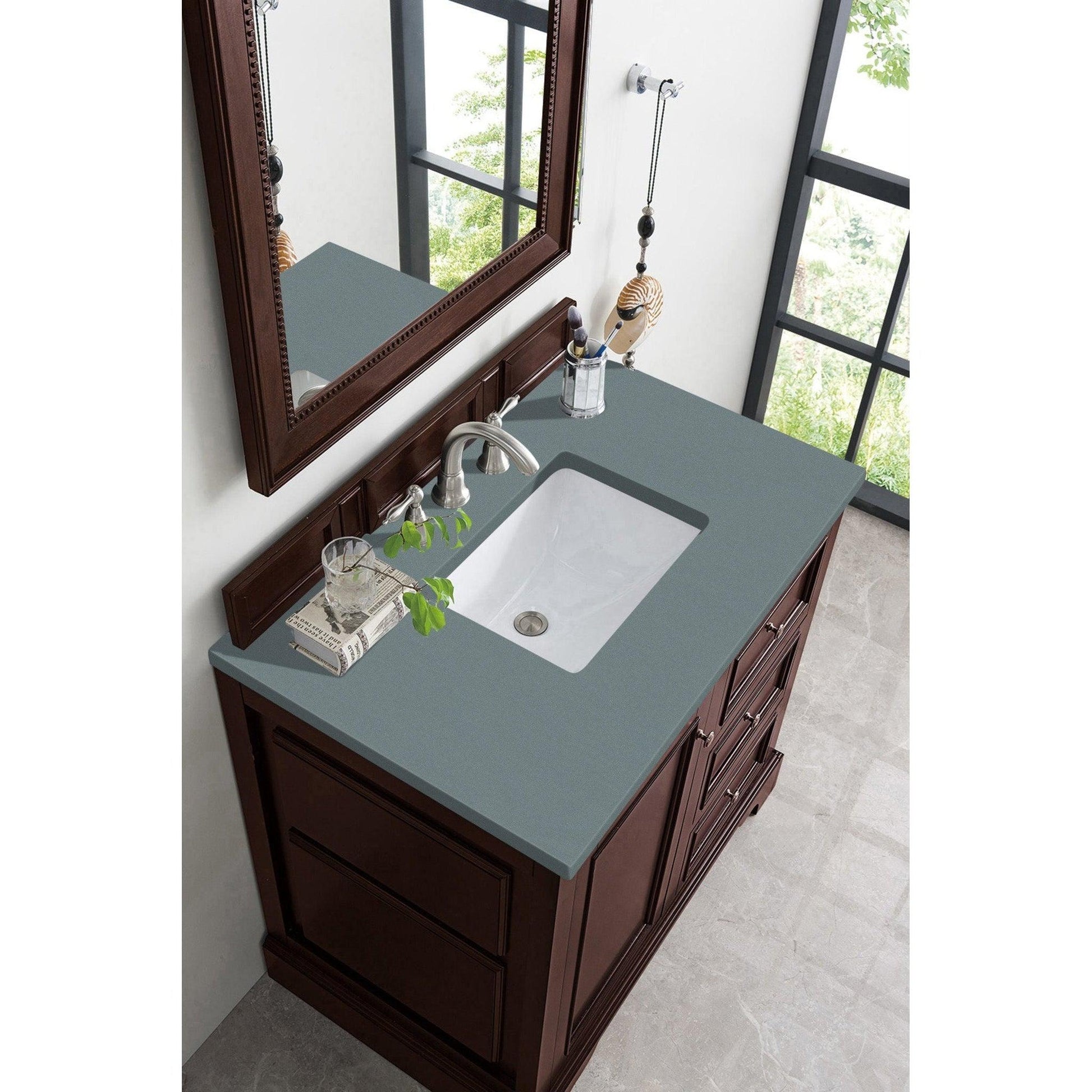 James Martin Vanities De Soto 36" Burnished Mahogany Single Vanity With 3cm Cala Blue Quartz Top