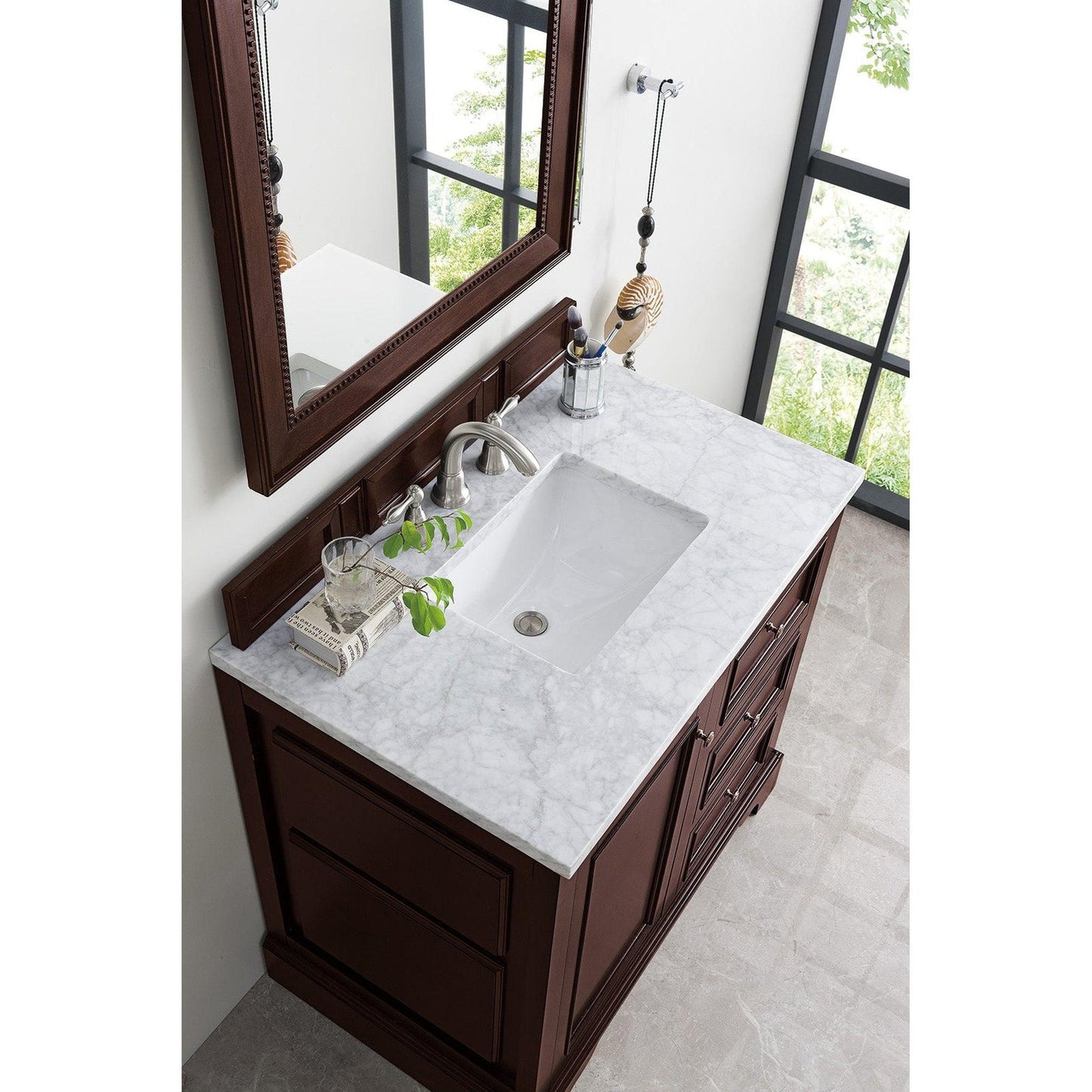 James Martin Vanities De Soto 36" Burnished Mahogany Single Vanity With 3cm Carrara Marble Top