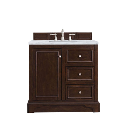 James Martin Vanities De Soto 36" Burnished Mahogany Single Vanity With 3cm Carrara Marble Top