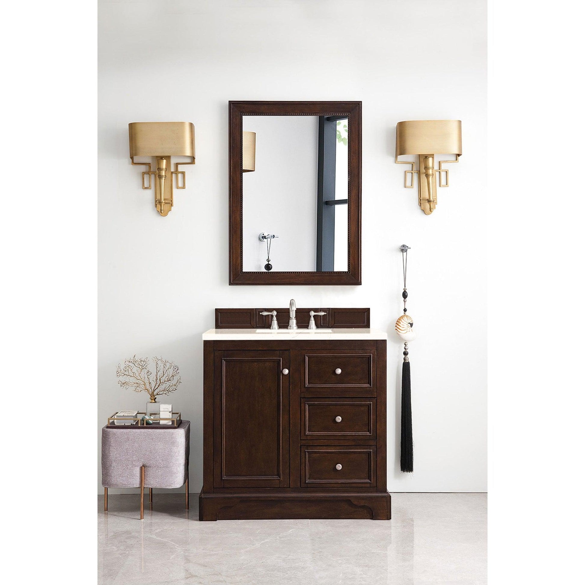 James Martin Vanities De Soto 36" Burnished Mahogany Single Vanity With 3cm Eternal Marfil Quartz Top