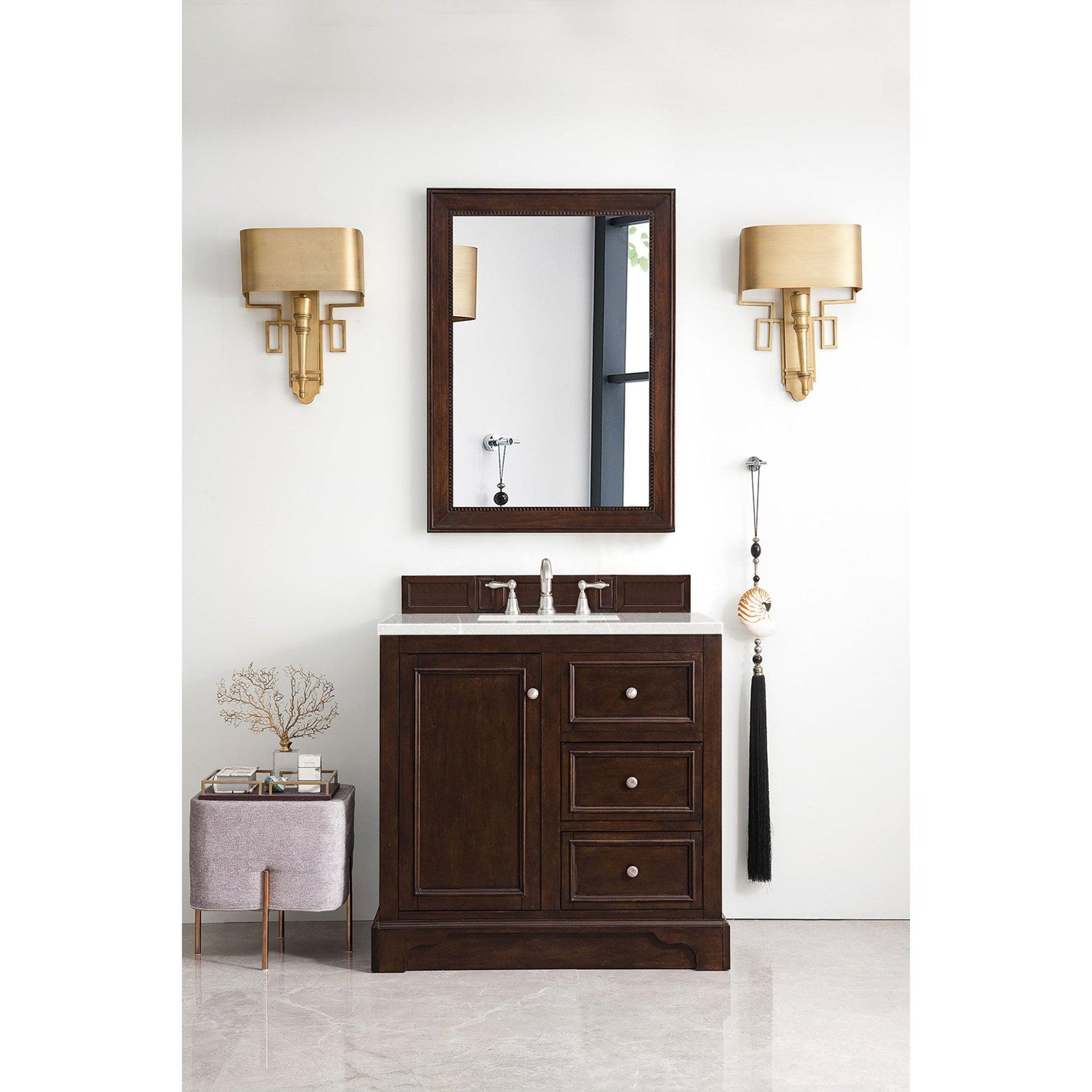 James Martin Vanities De Soto 36" Burnished Mahogany Single Vanity With 3cm Eternal Serena Quartz Top