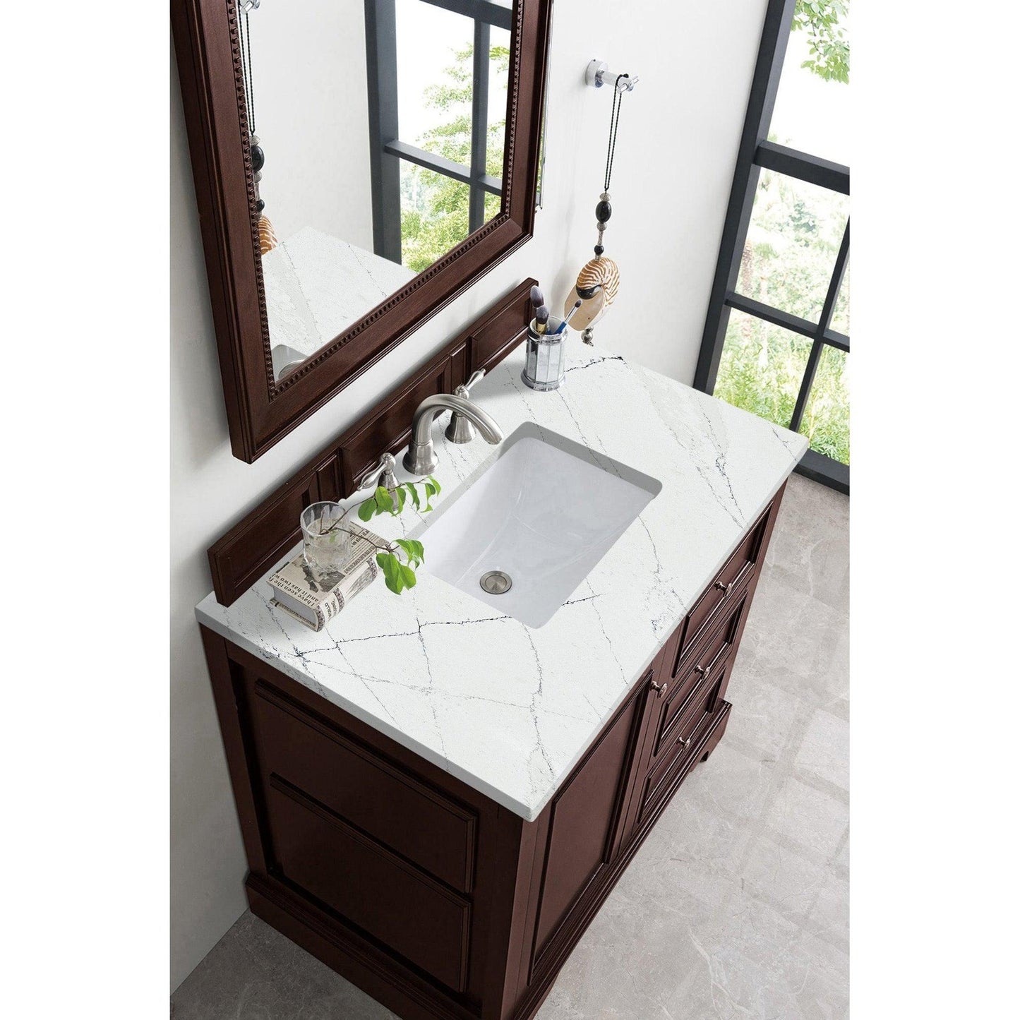 James Martin Vanities De Soto 36" Burnished Mahogany Single Vanity With 3cm Ethereal Noctis Quartz Top