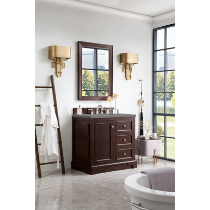 James Martin Vanities De Soto 36" Burnished Mahogany Single Vanity With 3cm Grey Expo Quartz Top