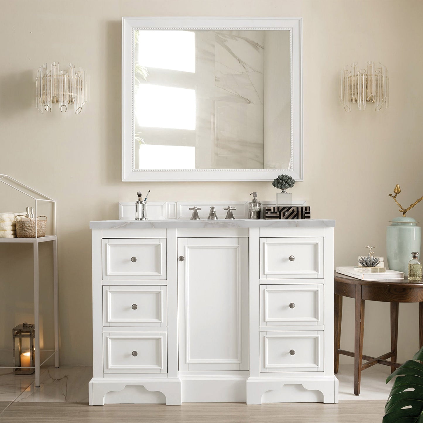 James Martin Vanities De Soto 48" Bright White Single Vanity With 3 cm Victorian Silver Quartz Top