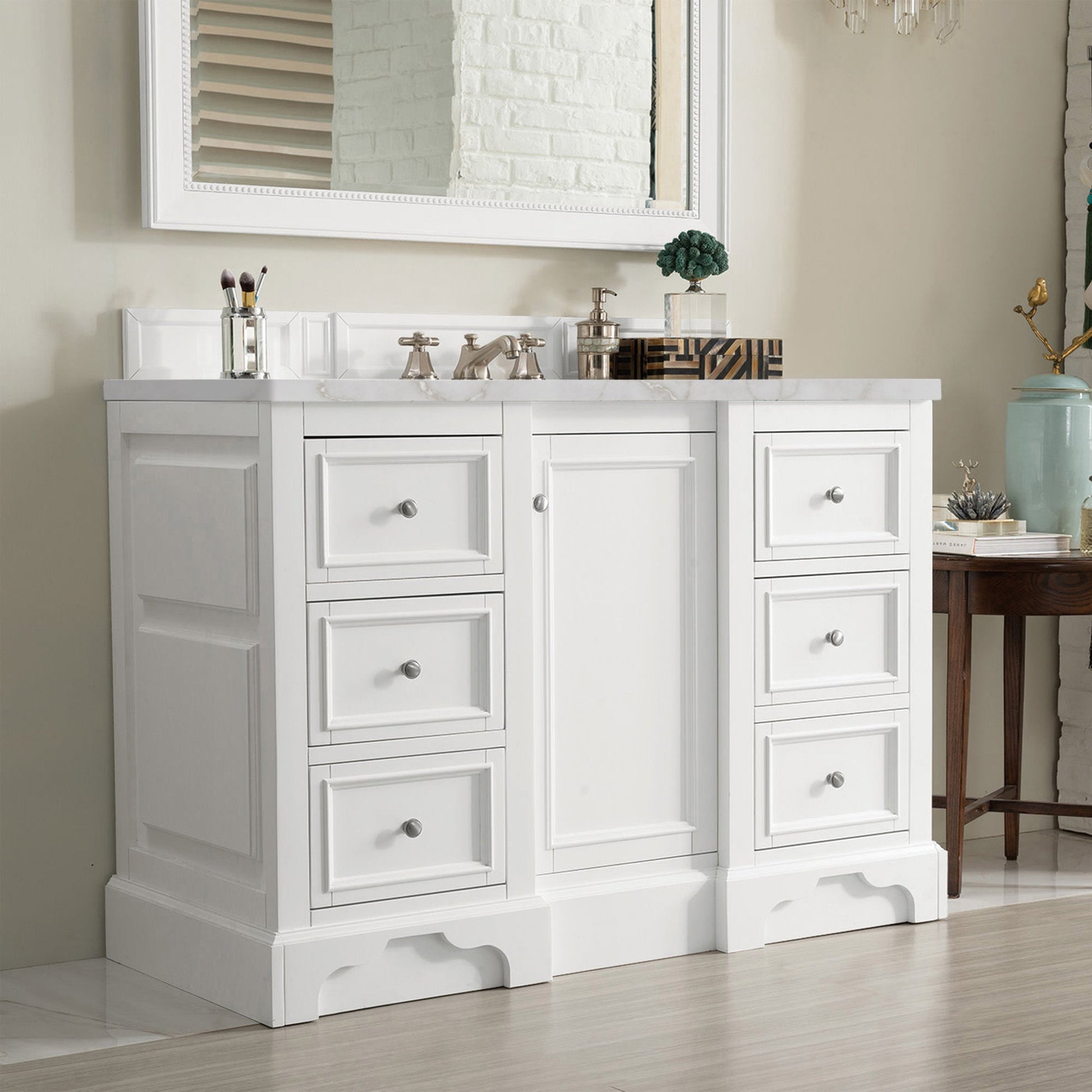 James Martin Vanities De Soto 48" Bright White Single Vanity With 3 cm Victorian Silver Quartz Top