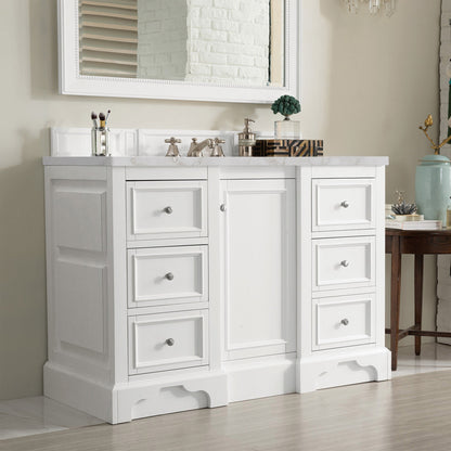 James Martin Vanities De Soto 48" Bright White Single Vanity With 3 cm Victorian Silver Quartz Top