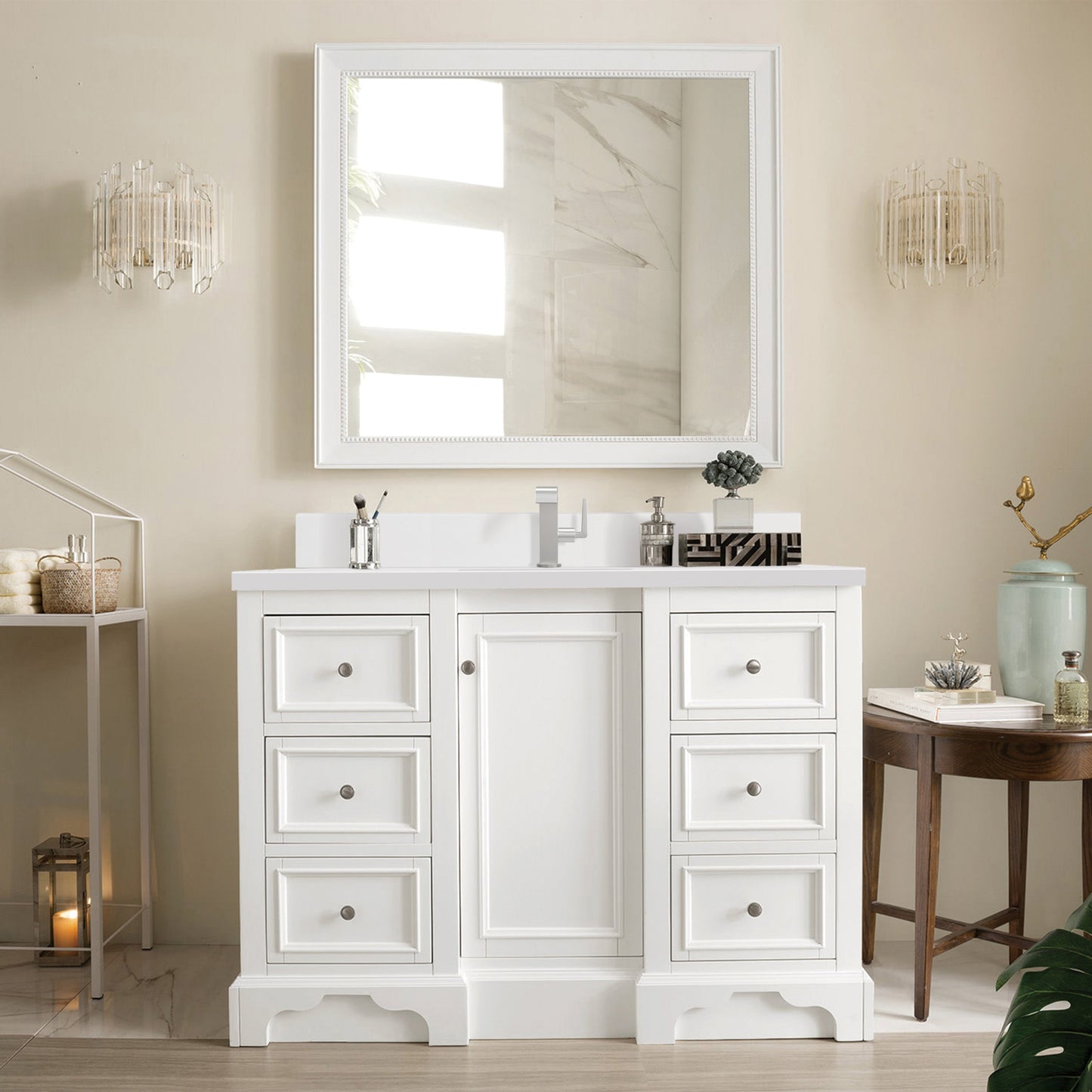 James Martin Vanities De Soto 48" Bright White Single Vanity With Single Hole 3 cm White Zeus Quartz Top & Backsplash