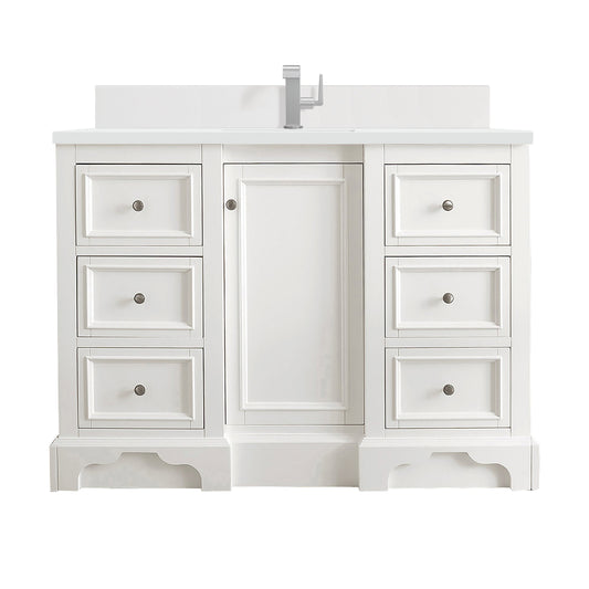 James Martin Vanities De Soto 48" Bright White Single Vanity With Single Hole 3 cm White Zeus Quartz Top & Backsplash