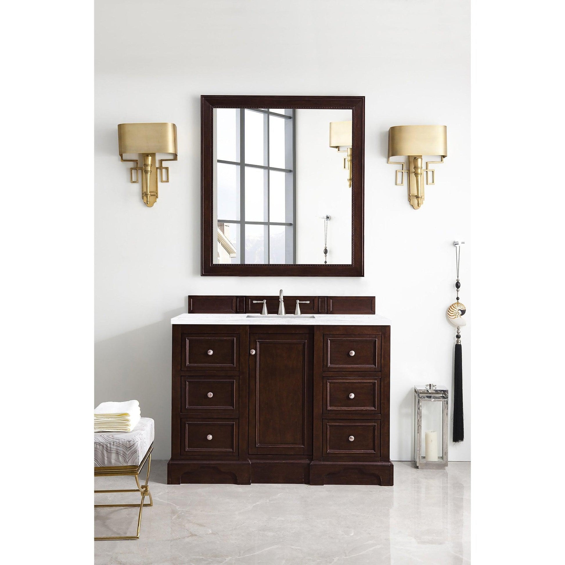 James Martin Vanities De Soto 48" Burnished Mahogany Single Vanity With 3cm Arctic Fall Solid Surface Top