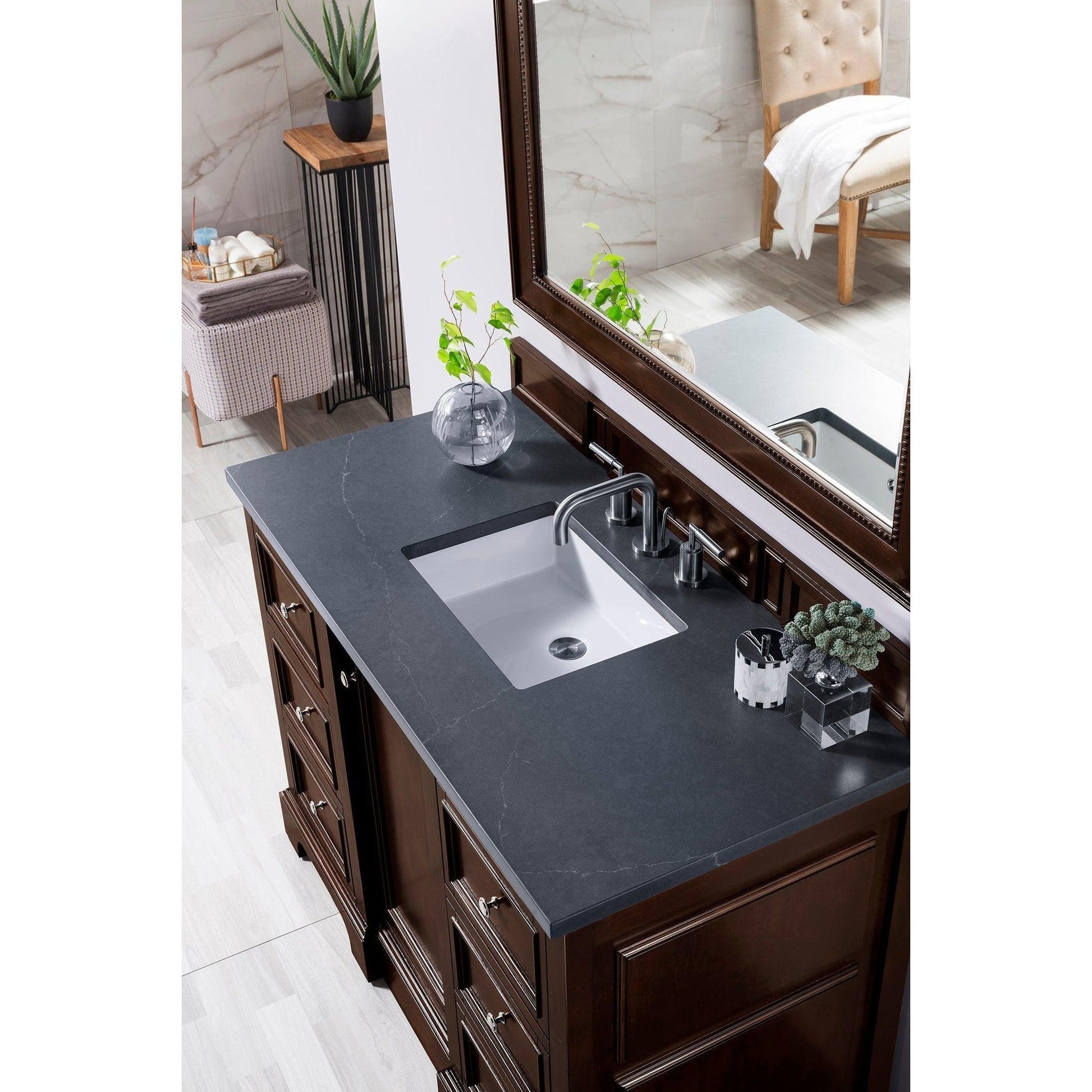 James Martin Vanities De Soto 48" Burnished Mahogany Single Vanity With 3cm Charcoal Soapstone Quartz Top