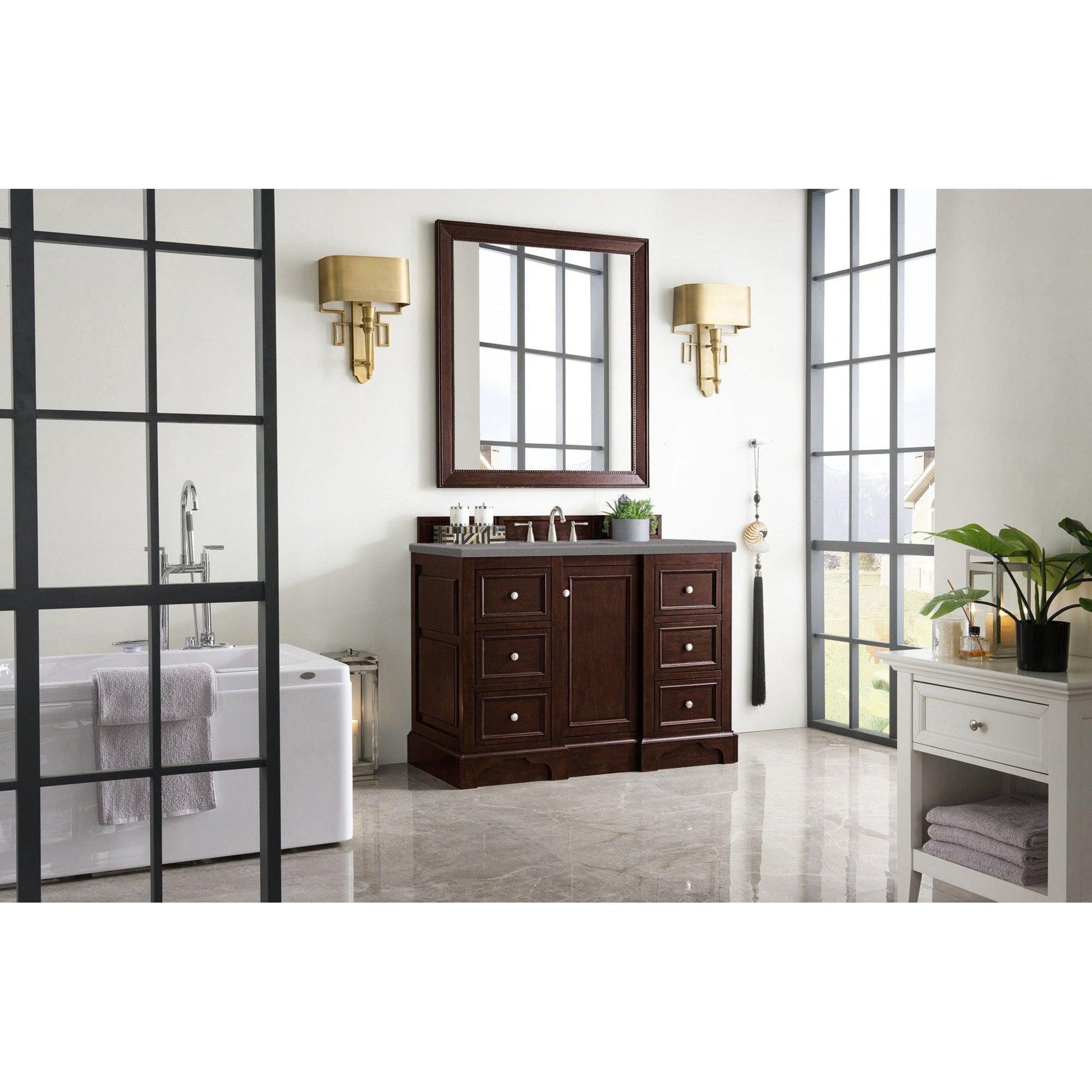 James Martin Vanities De Soto 48" Burnished Mahogany Single Vanity With 3cm Grey Expo Quartz Top