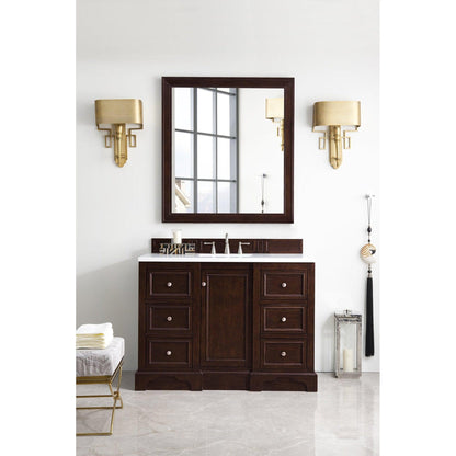 James Martin Vanities De Soto 48" Burnished Mahogany Single Vanity With 3cm White Zeus Quartz Top