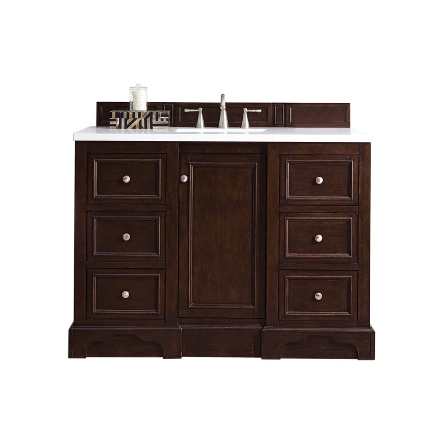 James Martin Vanities De Soto 48" Burnished Mahogany Single Vanity With 3cm White Zeus Quartz Top