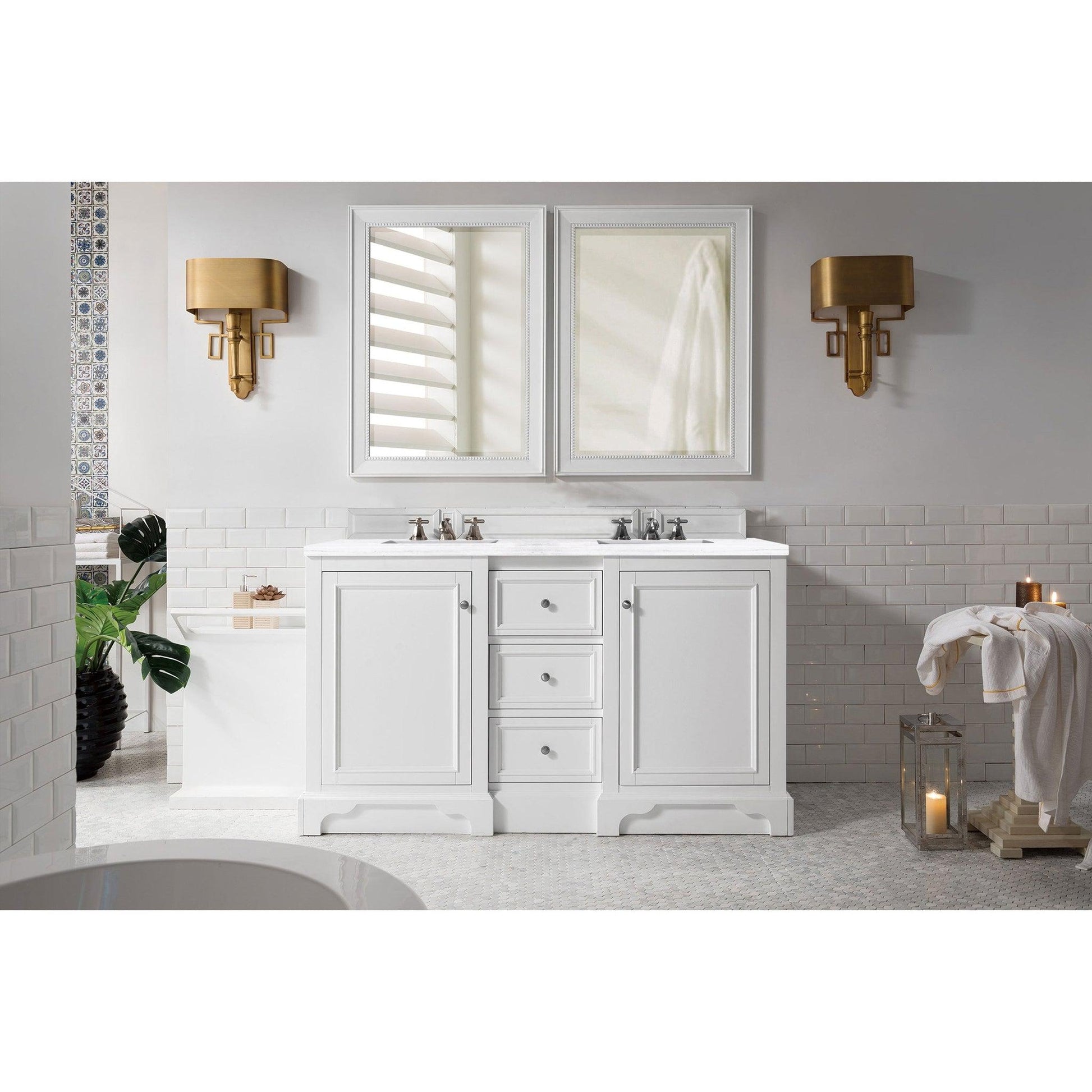 James Martin Vanities De Soto 60" Bright White Double Vanity With 3cm Arctic Fall Solid Surface Top