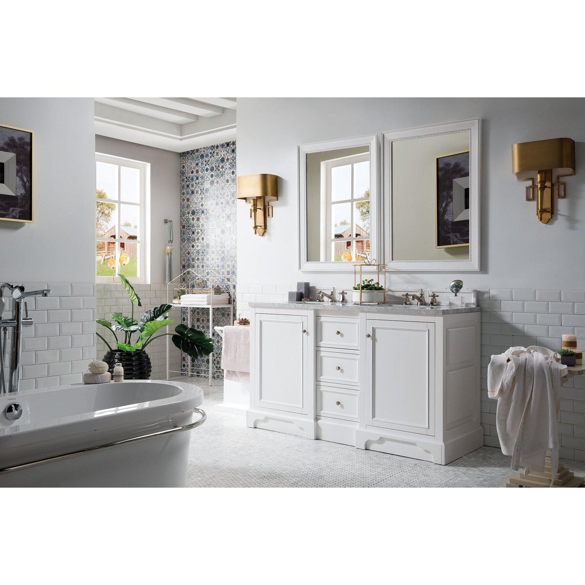 James Martin Vanities De Soto 60" Bright White Double Vanity With 3cm Carrara Marble Top