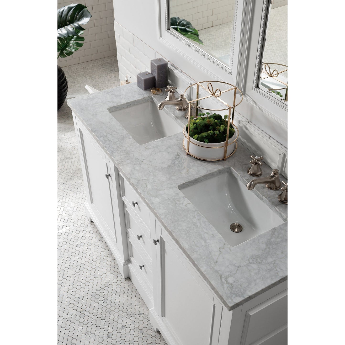 James Martin Vanities De Soto 60" Bright White Double Vanity With 3cm Carrara Marble Top