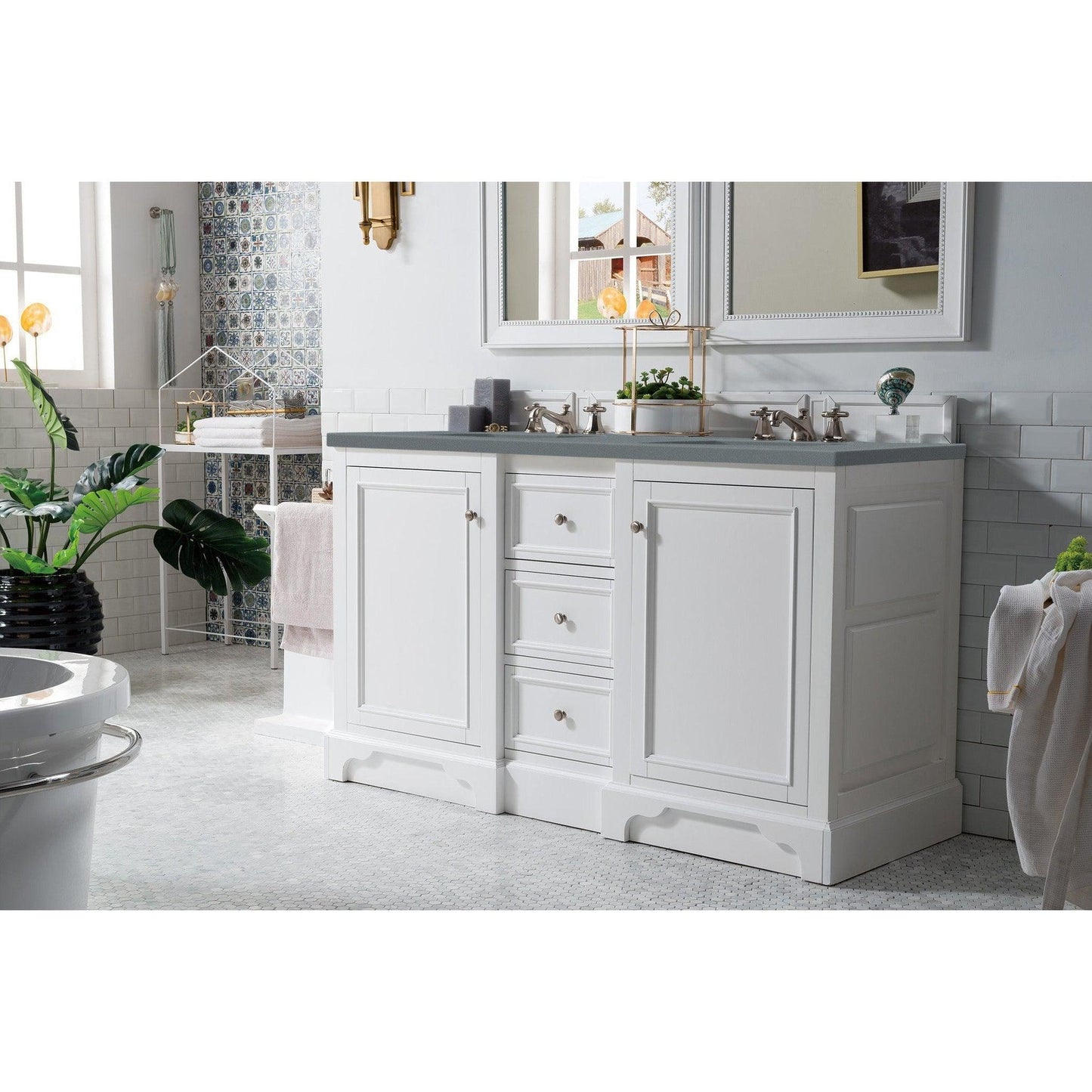 James Martin Vanities De Soto 60" Bright White Double Vanity With 3cm Charcoal Soapstone Quartz Top