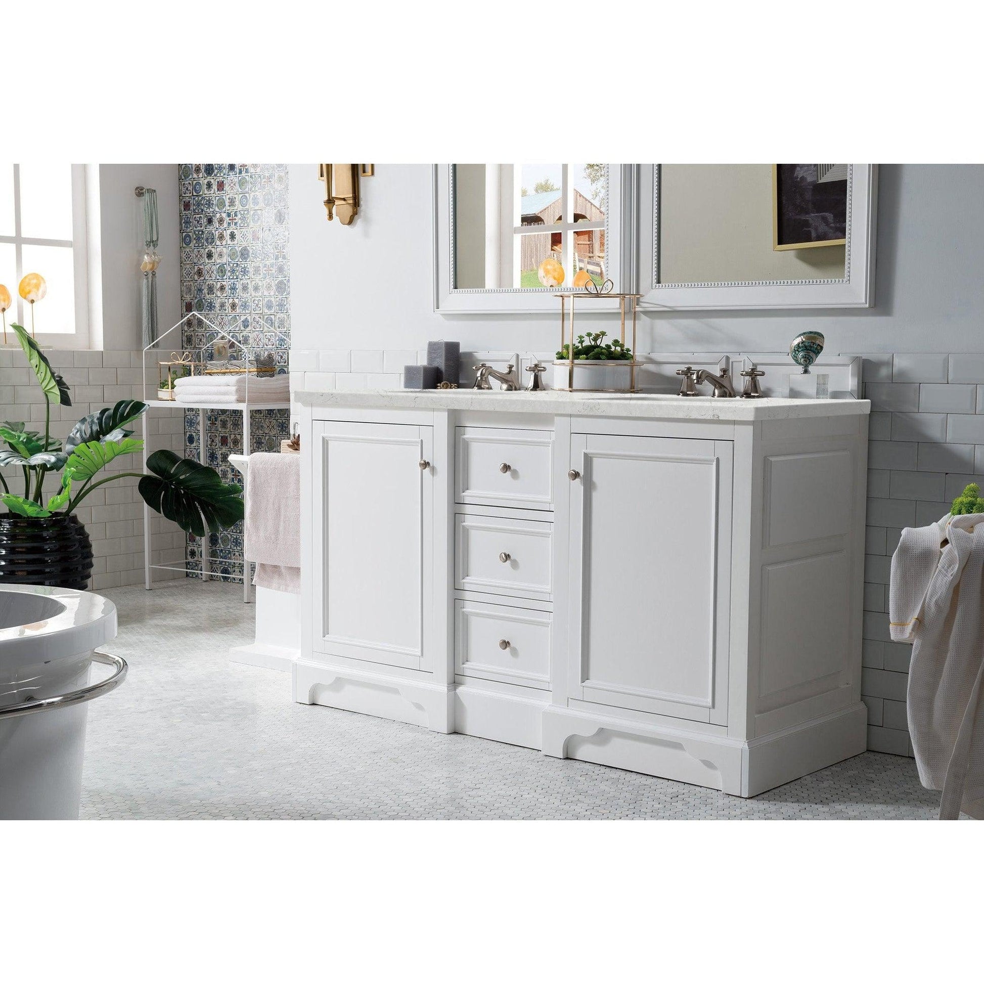 James Martin Vanities De Soto 60" Bright White Double Vanity With 3cm Eternal Jasmine Pearl Quartz Top