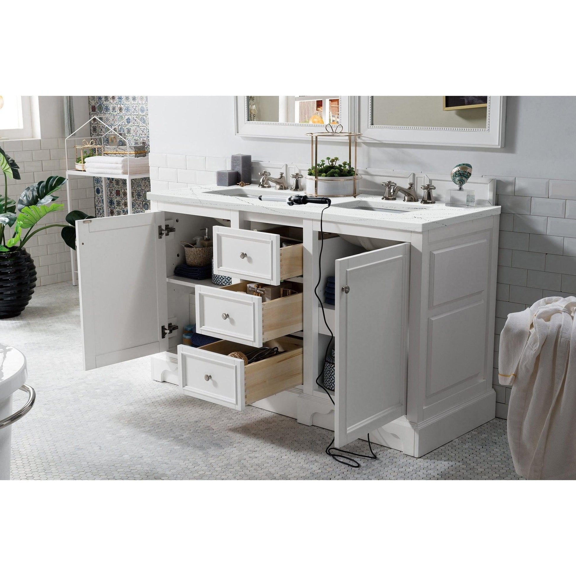 James Martin Vanities De Soto 60" Bright White Double Vanity With 3cm Ethereal Noctis Quartz Top