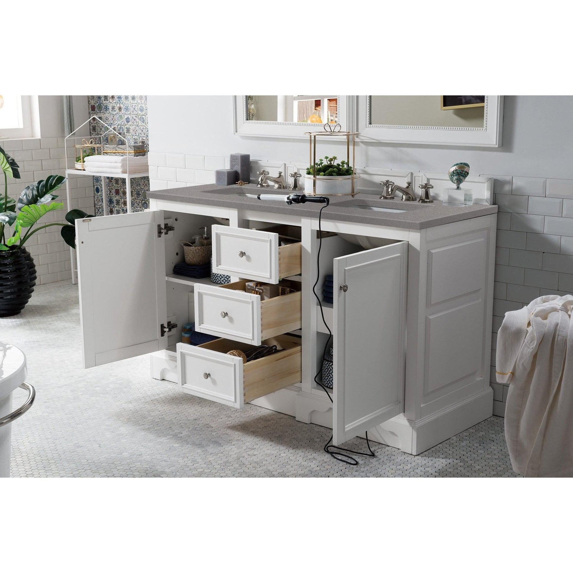 James Martin Vanities De Soto 60" Bright White Double Vanity With 3cm Grey Expo Quartz Top