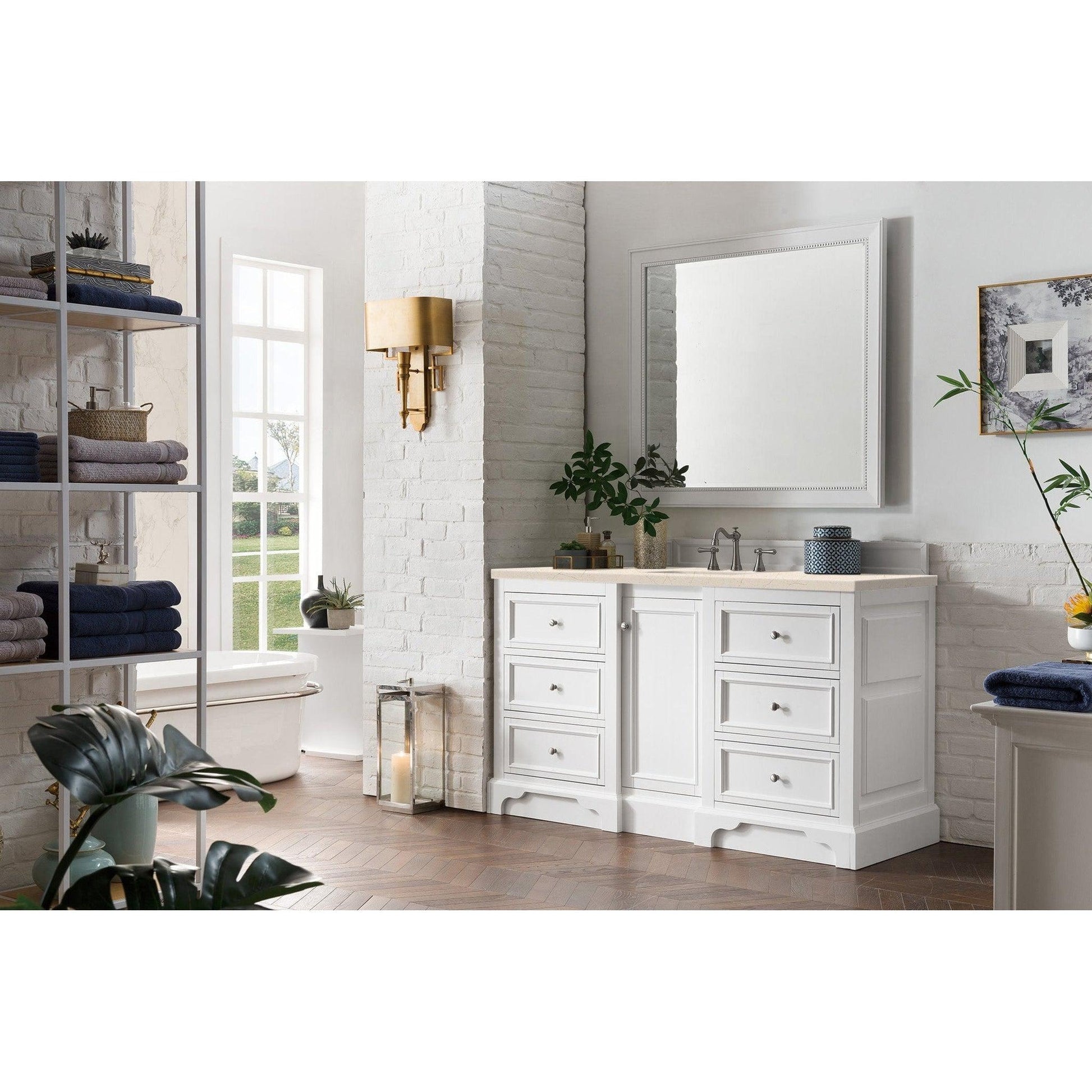 James Martin Vanities De Soto 60" Bright White Single Vanity With 3cm Eternal Marfil Quartz Top