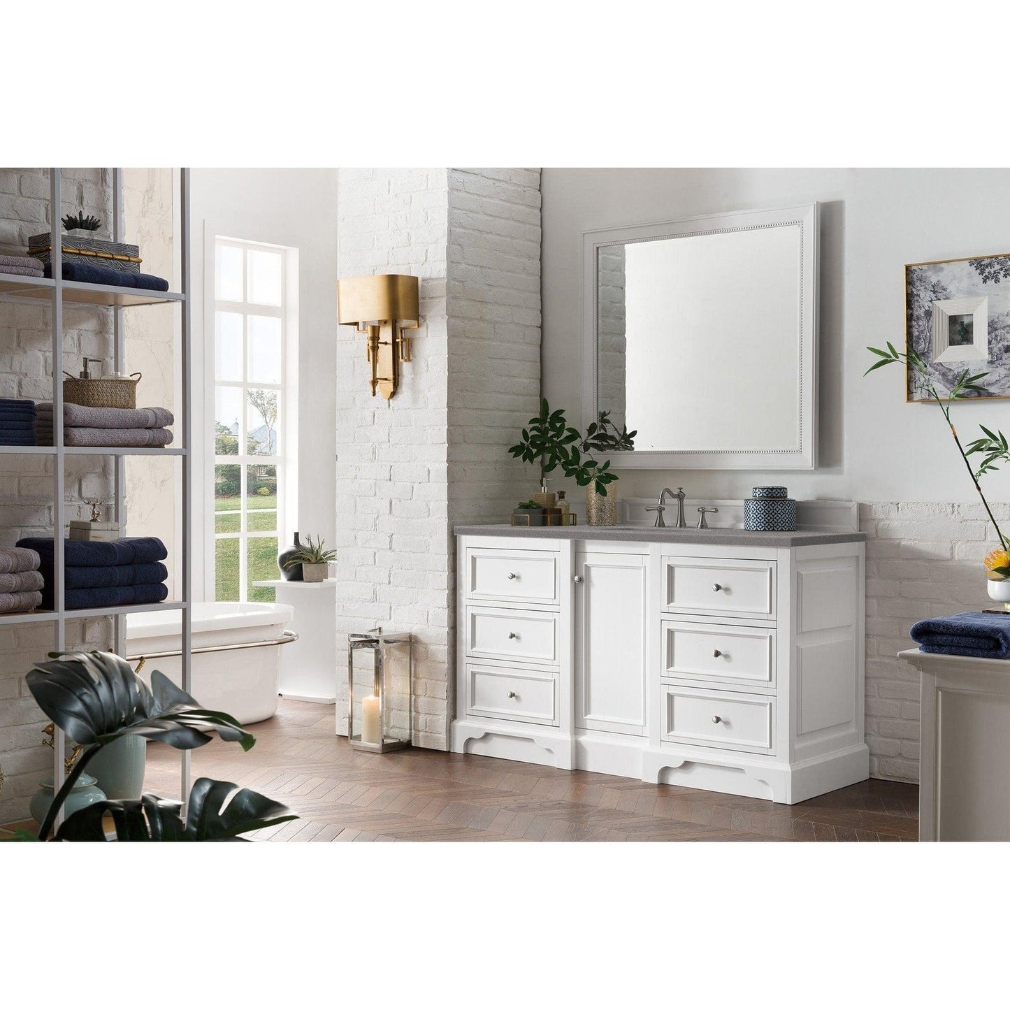 James Martin Vanities De Soto 60" Bright White Single Vanity With 3cm Grey Expo Quartz Top