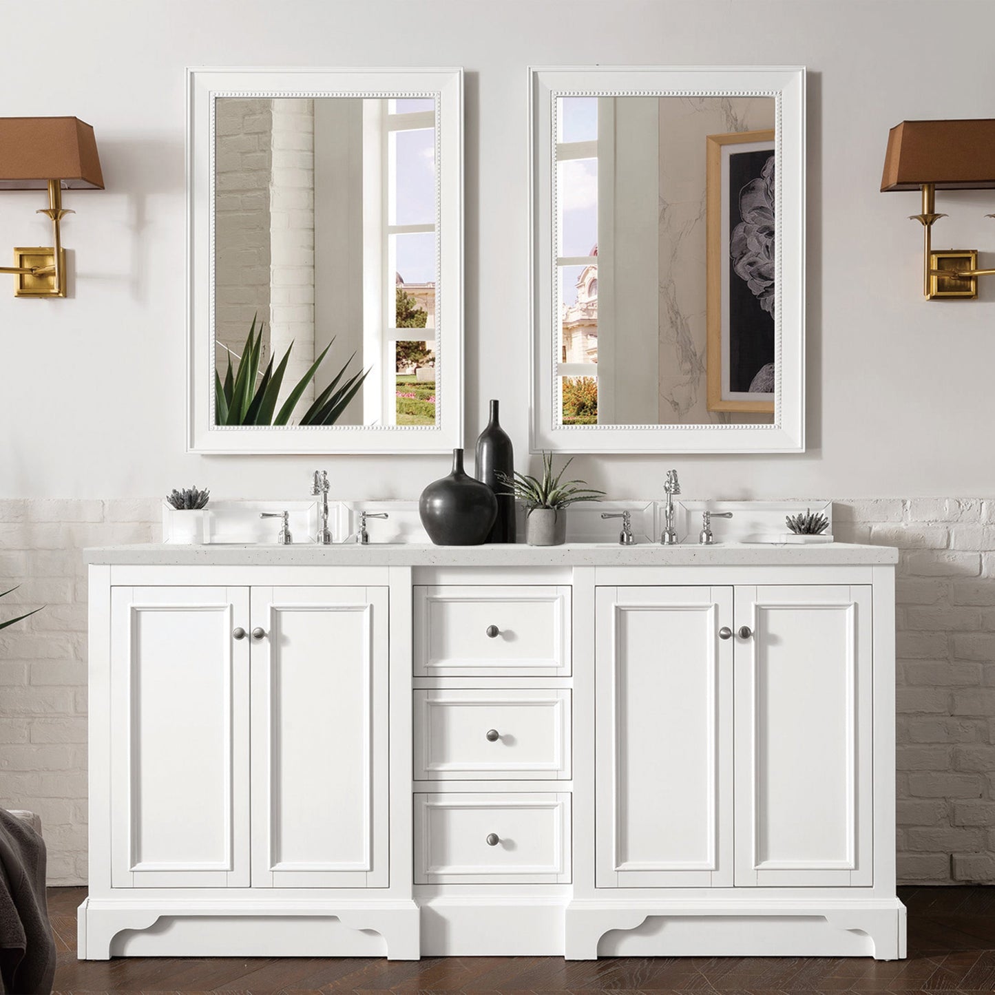 James Martin Vanities De Soto 72" Bright White Double Vanity With 3 cm Lime Delight Quartz Top