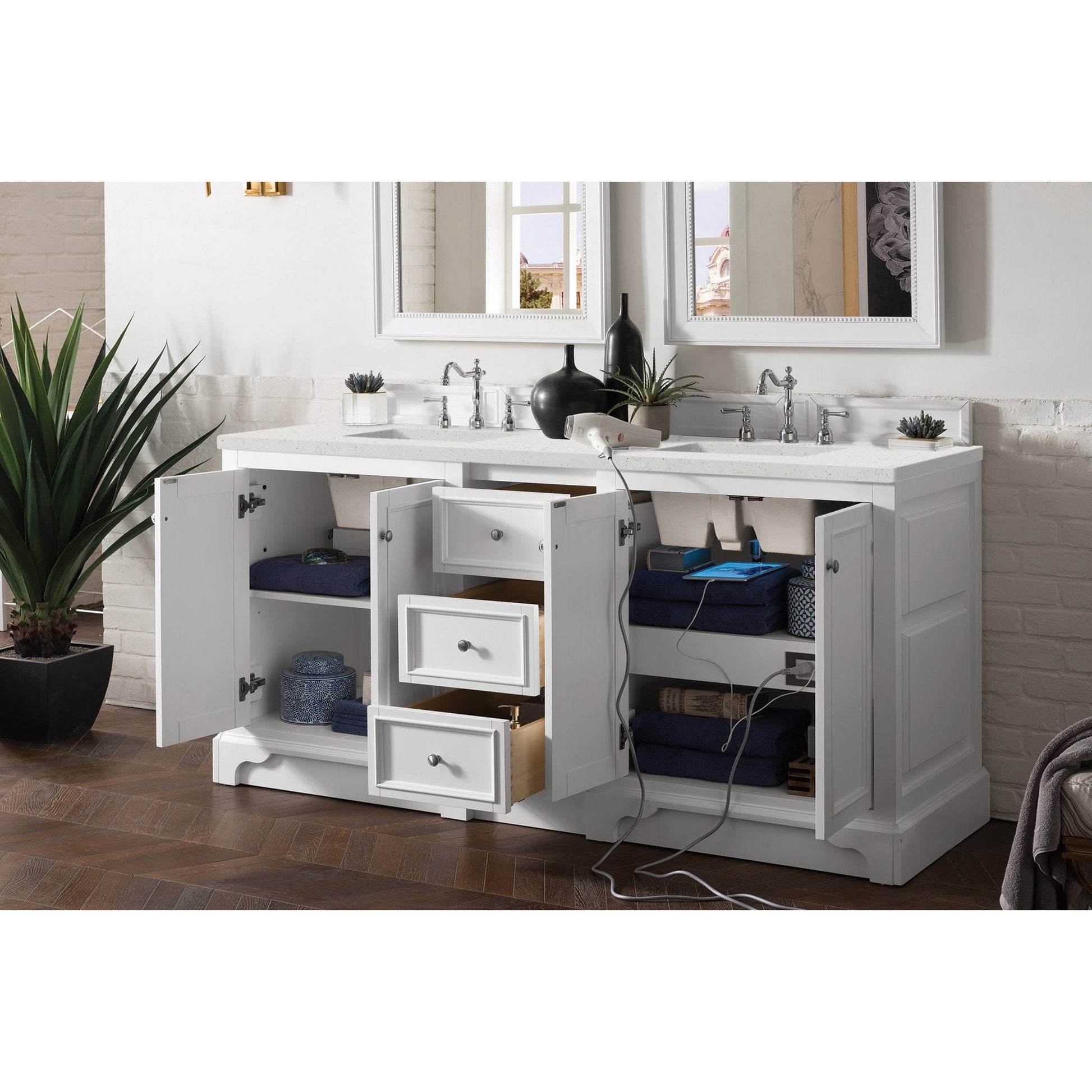 James Martin Vanities De Soto 72" Bright White Double Vanity With 3 cm Lime Delight Quartz Top