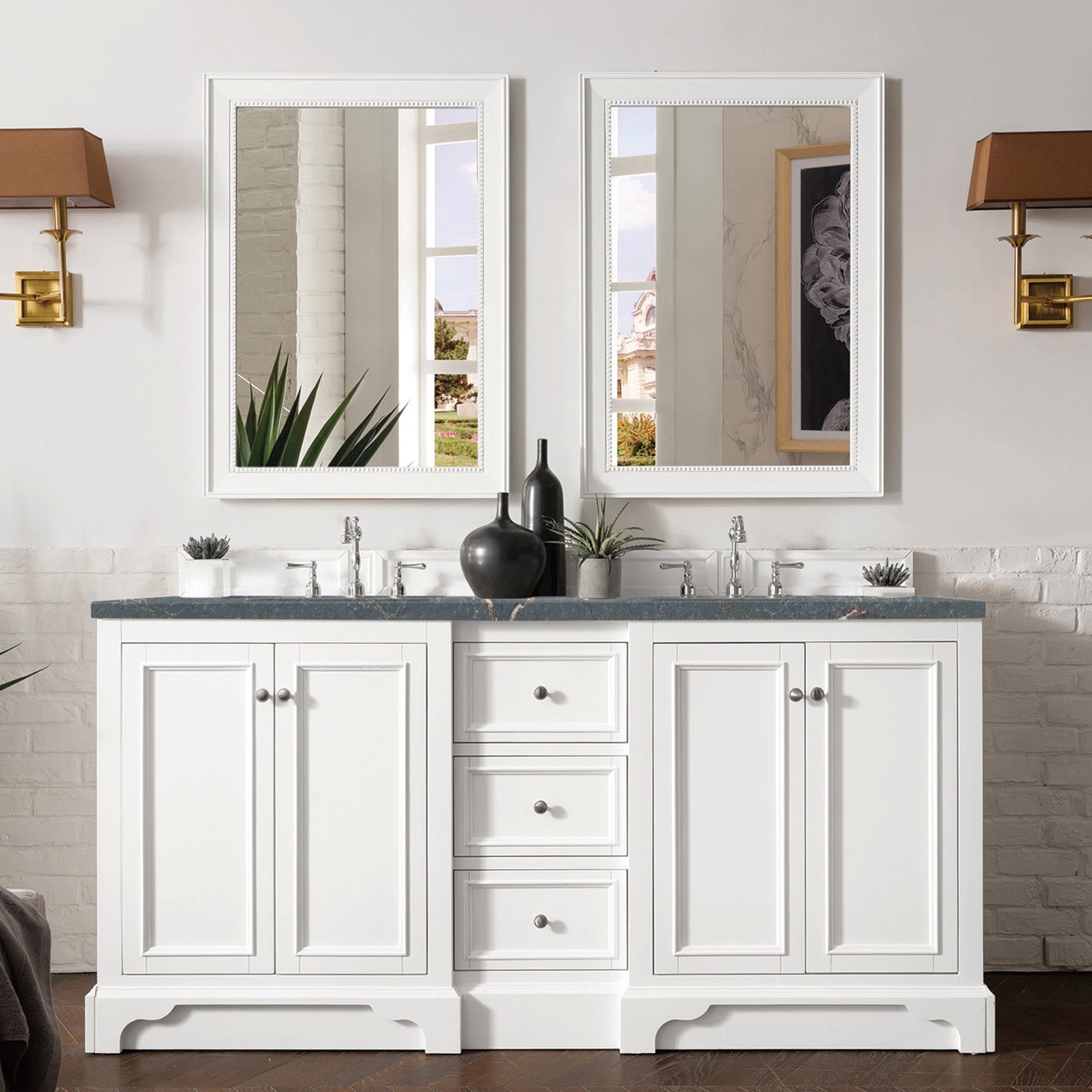 James Martin Vanities De Soto 72" Bright White Double Vanity With 3 cm Parisien Bleu Quartz Top