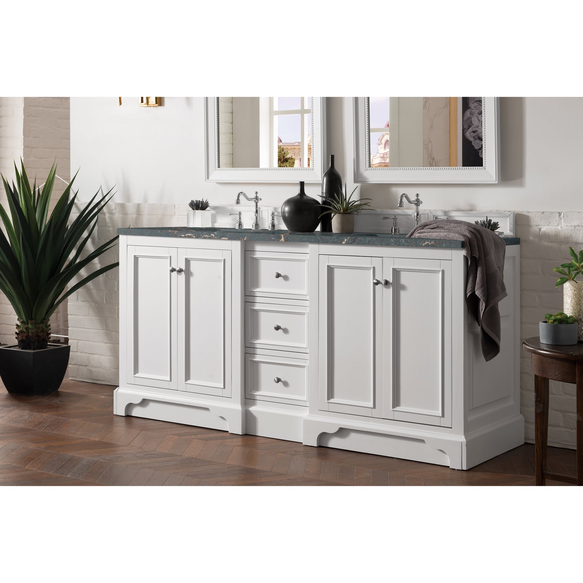 James Martin Vanities De Soto 72" Bright White Double Vanity With 3 cm Parisien Bleu Quartz Top